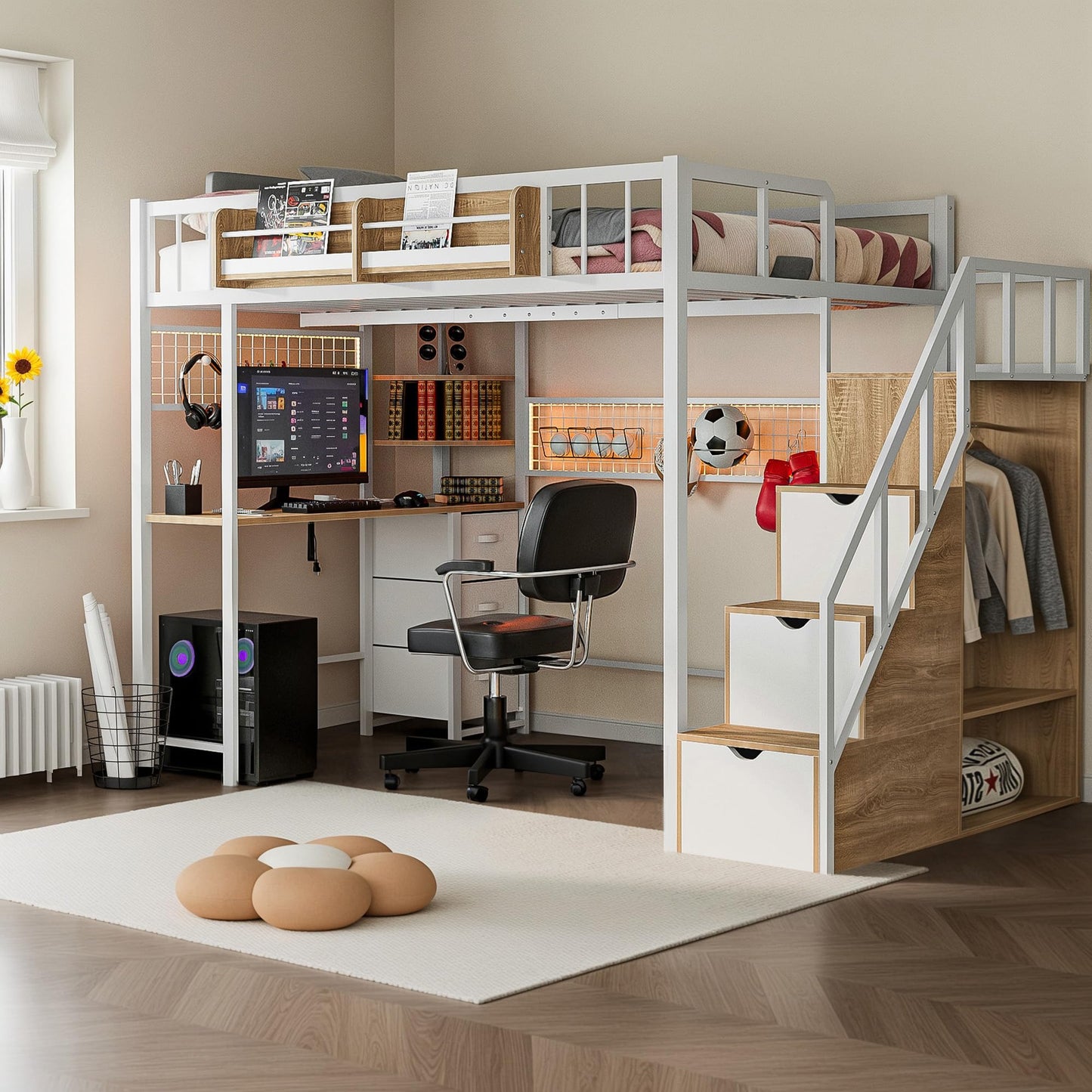 advwin Twin Size Loft Bed with Desk and Stairs, Storage Drawers and Shelves, Charging Station, LED Light, Safety Guardrail & Ladders, Metal Loft Bed Frame Gaming Bed for Adult, Space-Saving, White