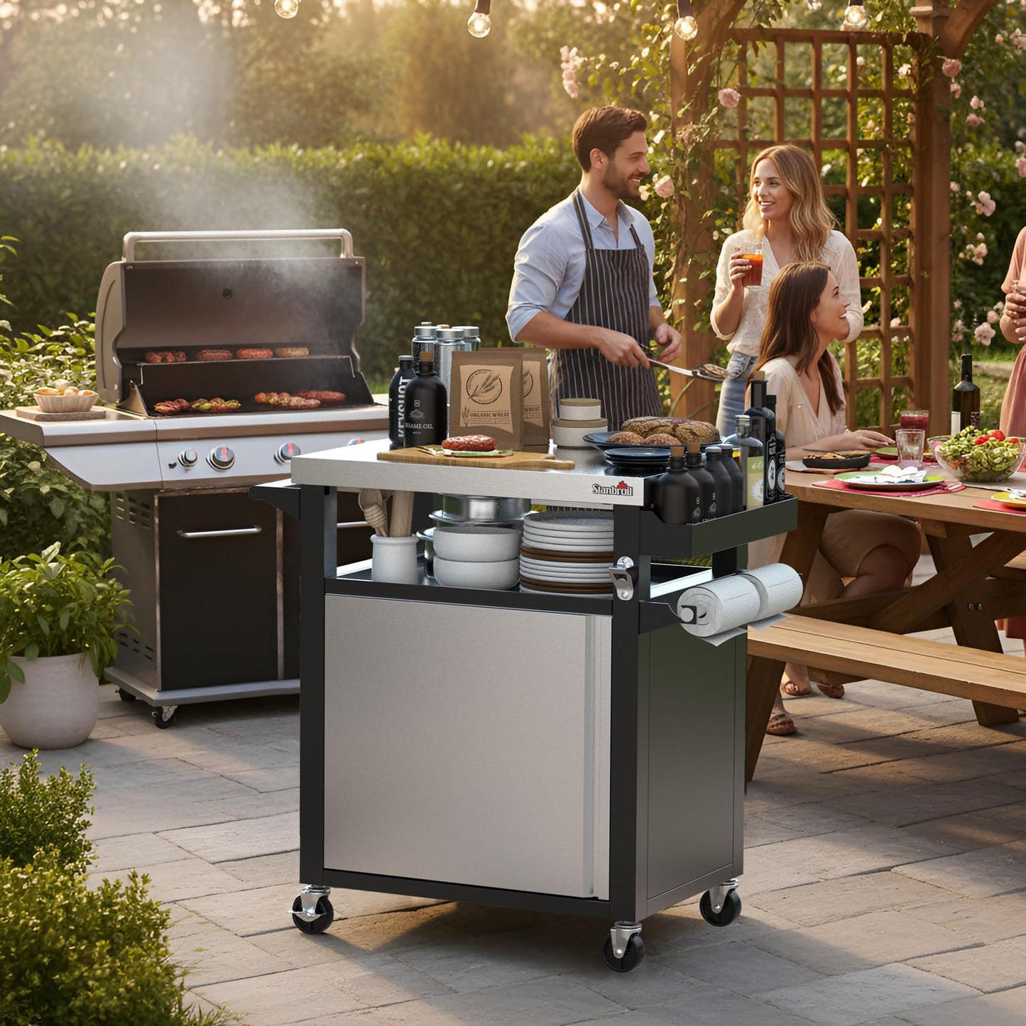 Stanbroil Rolling Grill Table Cart with Storage Cabinet, 3-Shelf Movable Prep Table Outdoor Bar, Multifunctional Grill Cart with Stainless Steel Tabletop, Paper Towel Holder