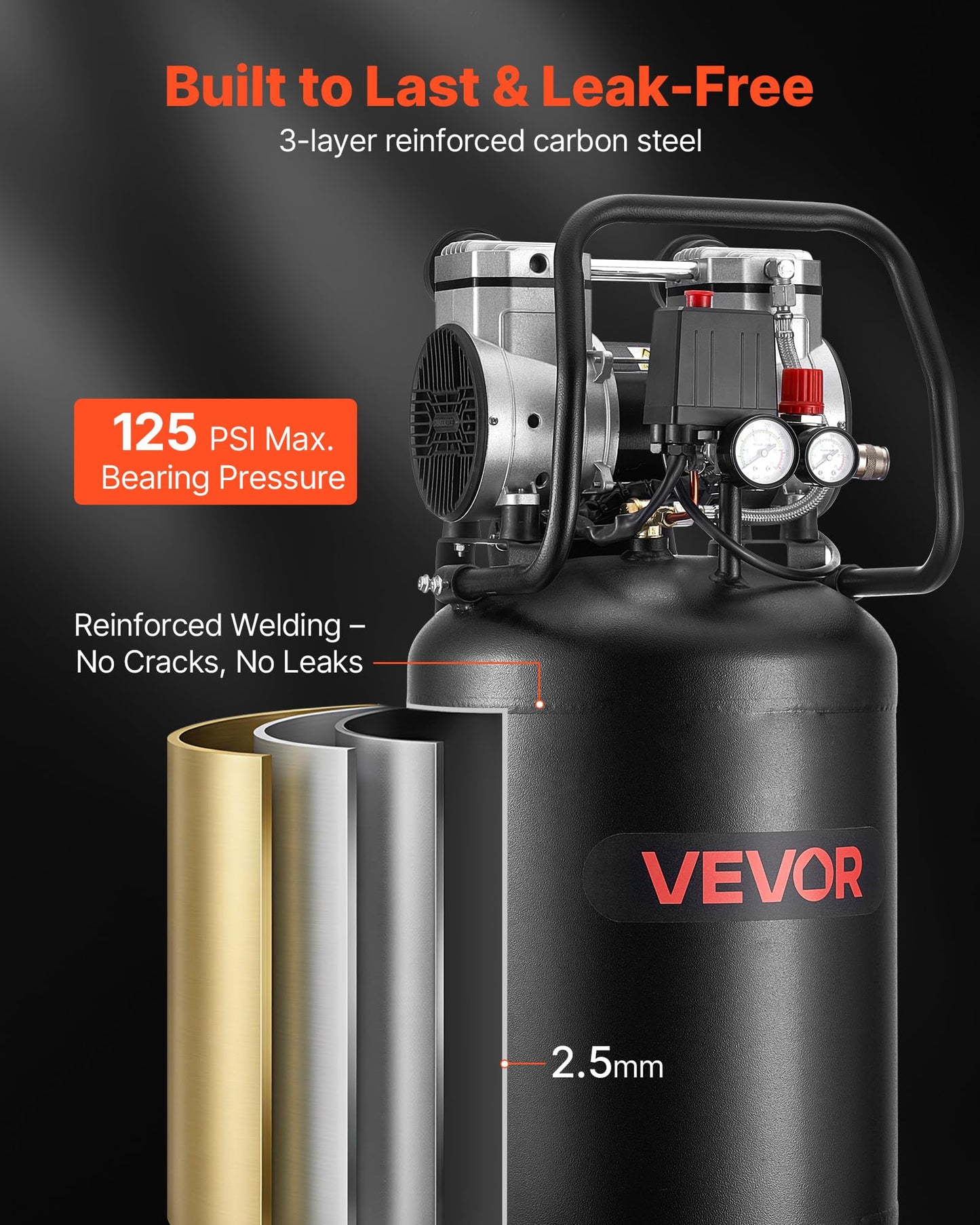 VEVOR 10-Gallon Air Compressor, 2HP 4.8 SCFM at 90PSI, Max 125PSI Pressure Oil-Free Air Compressor Tank, Portable on Wheels for Auto Repair, Tire Inflation, Spray Painting, Woodwork Nailing, 120V
