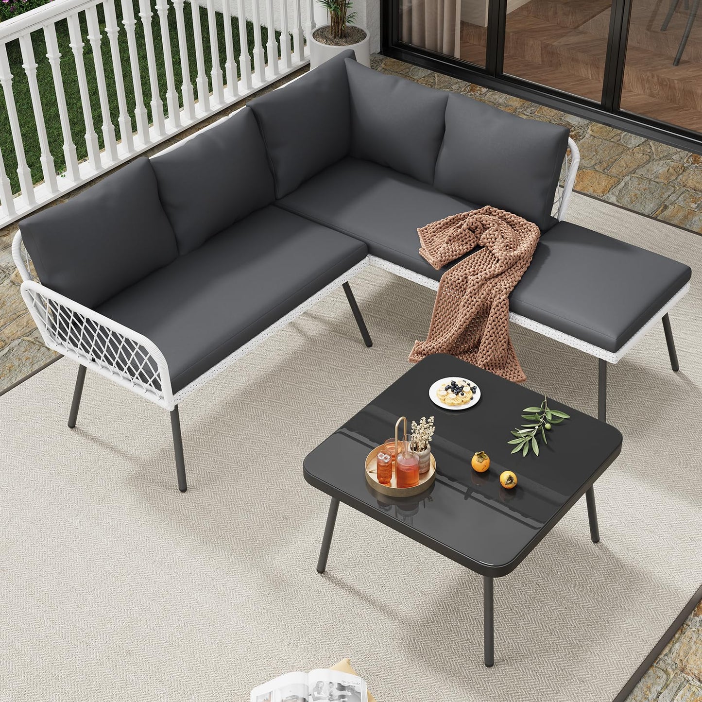 L-shaped Wicker Outdoor Furniture Set, 4-Piece Patio Sectional Sofa with Handmade Rattan and Metal Frame, Conversation Couch Set with Coffee Table & Ottoman for Backyard, Garden and Poolside, Grey