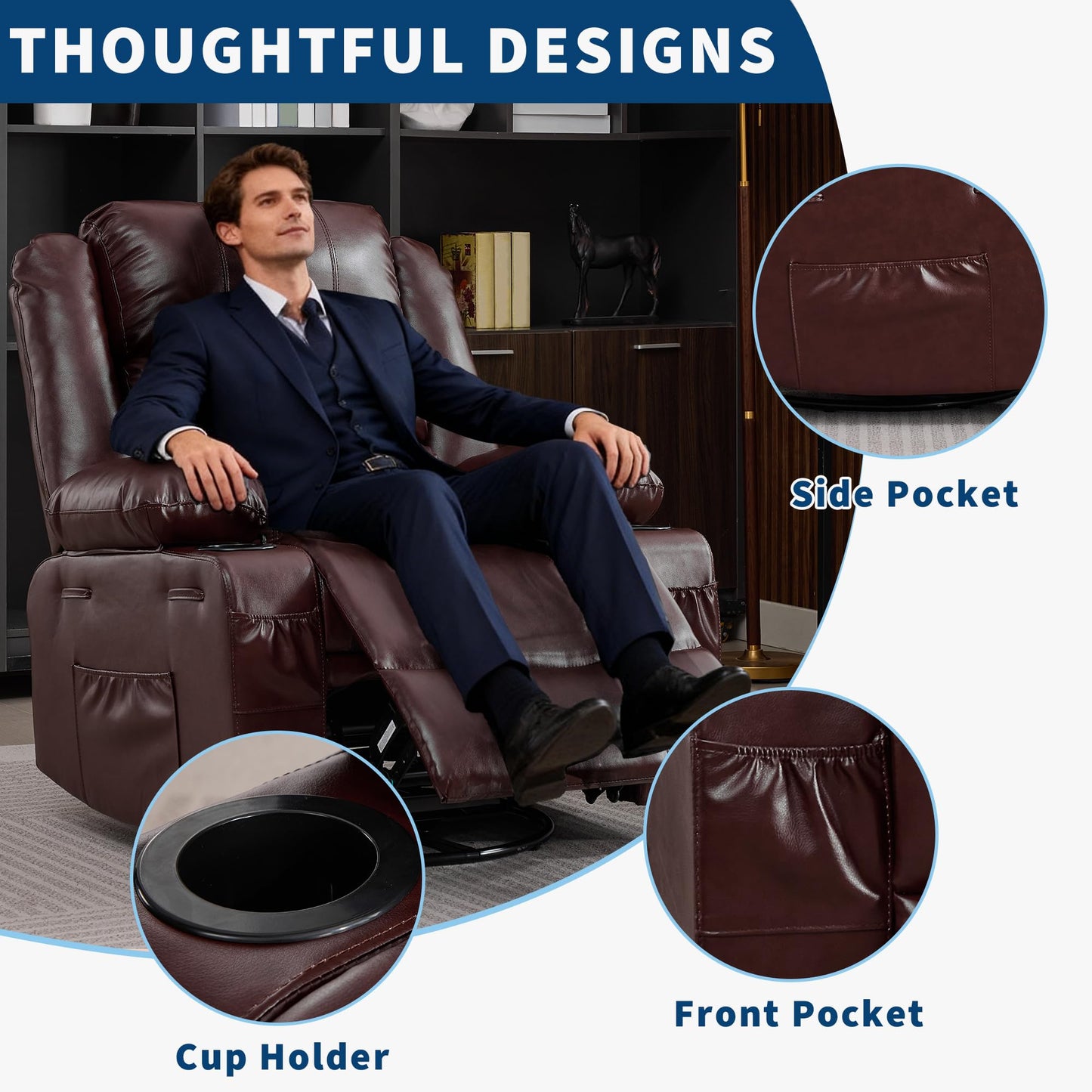 Garvee Rocking Recliner Chair for Adults 360° Swivel Rocker Recliner with Cup Holder Wide Nursery Glider with Upholstered Deep Seat PU Leather Comfy Single Sofa for Living Room Coffee