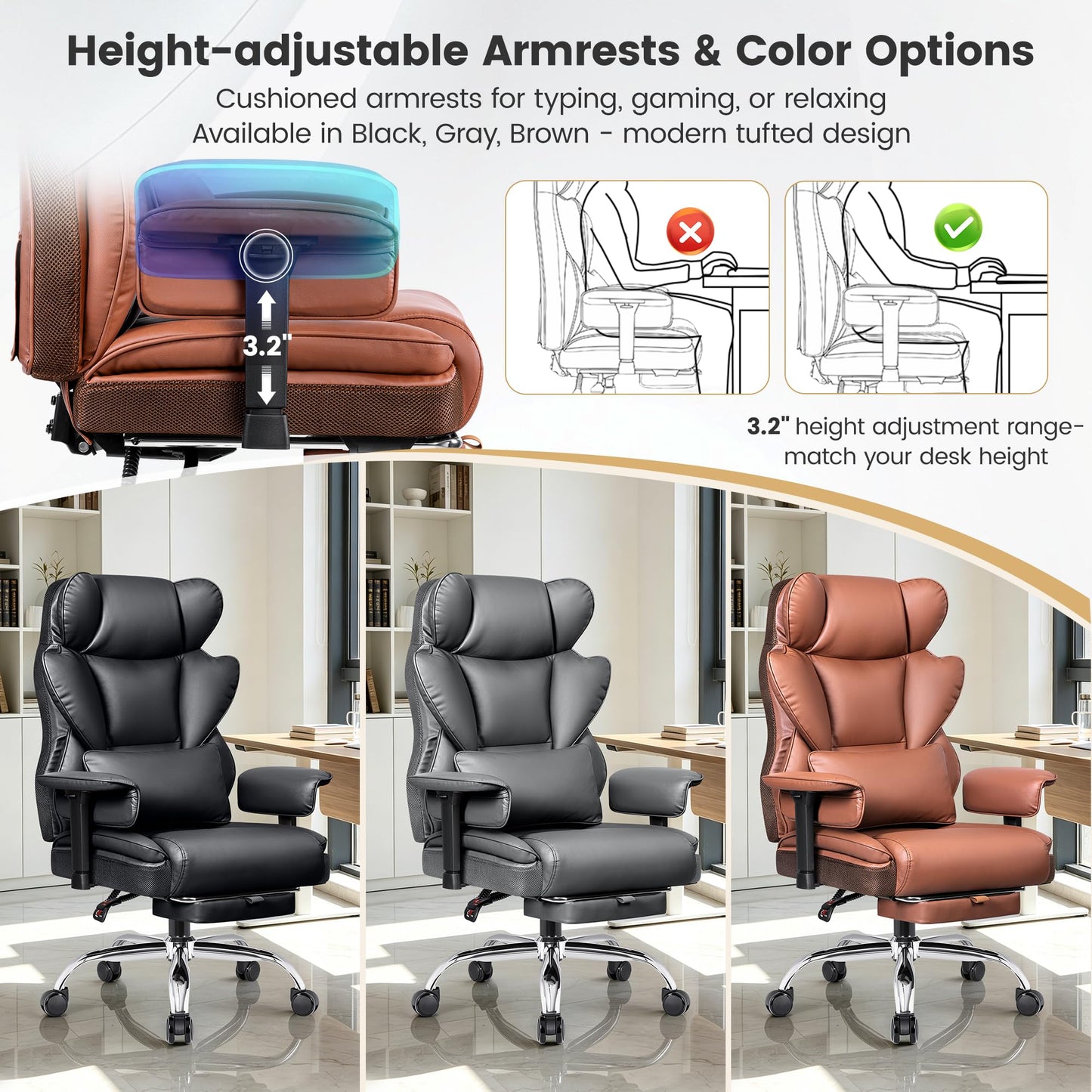 Stella Mia Big & Tall Executive Office Chair, Ergonomic High Back Heavy Duty Computer Chair with Retractable Footrest and Wide Seat, Brown 2 Pack