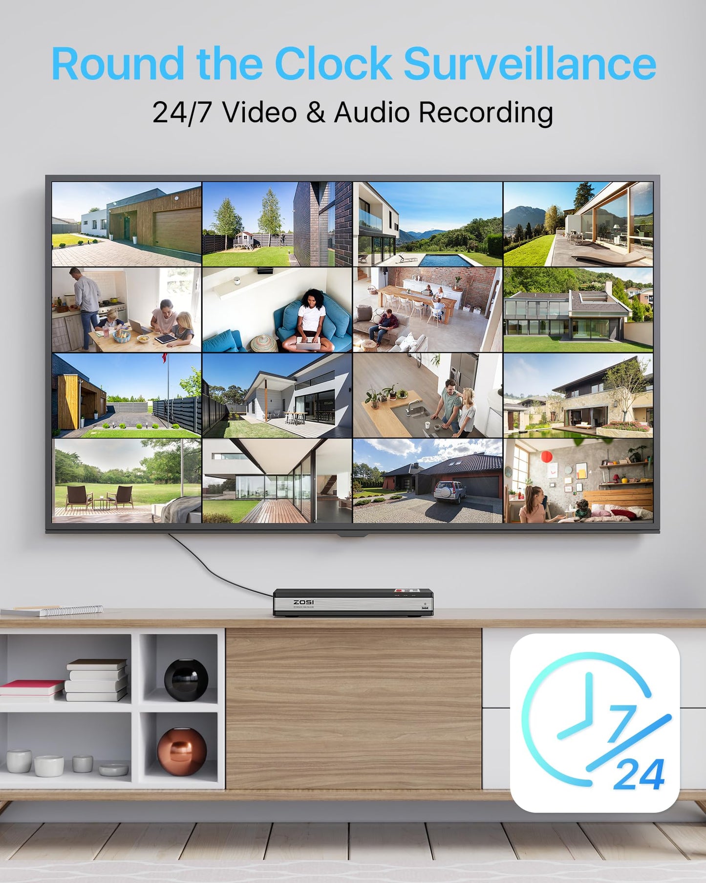ZOSI 4K 16CH PoE Security Camera System with Audio, Night Vision, Smart Human Detection, Motion Alerts, 8pcs Outdoor Indoor PoE Wired Cameras, 16 Channel 4K 8MP NVR with 4TB HDD for 24/7 Recording