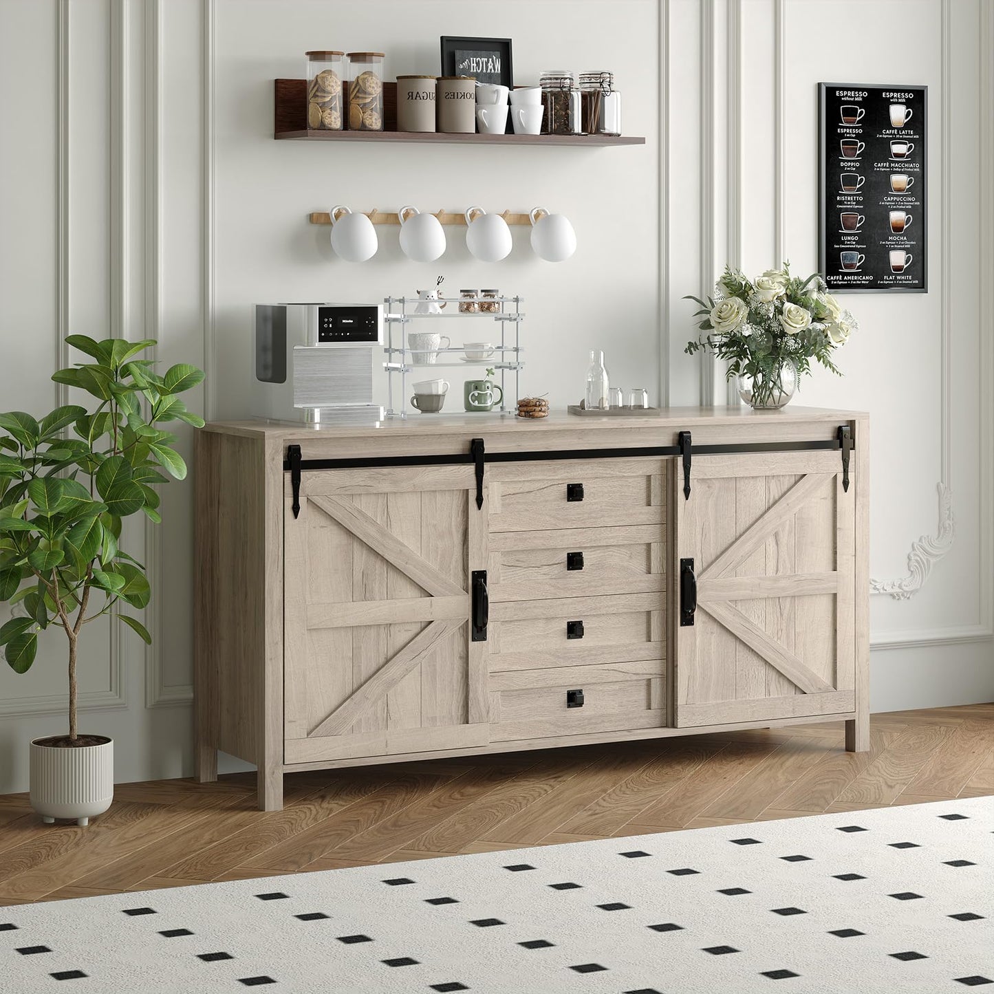 Garvee Farmhouse Sideboard Buffet Cabinet with Sliding Barn Doors & 4 Drawers, 60" Rustic Wood Kitchen Coffee Bar Storage Cabinet for Dining Room Living Room, TV Stand & Console Table