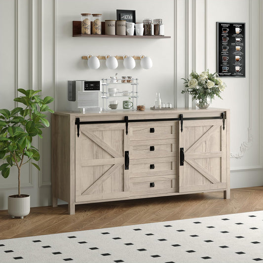 Garvee Farmhouse Sideboard Buffet Cabinet with Sliding Barn Doors & 4 Drawers, 60" Rustic Wood Kitchen Coffee Bar Storage Cabinet for Dining Room Living Room, TV Stand & Console Table