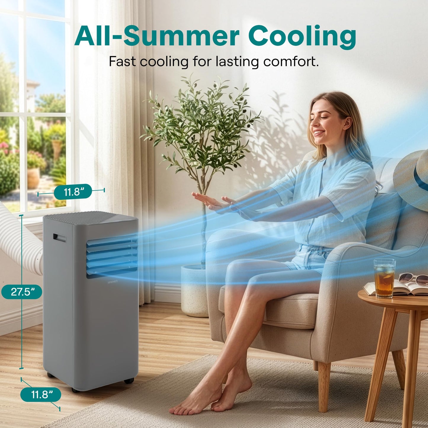 SereneLife Portable Air Conditioner 8000 BTU | Cools Rooms up to 300 sq ft | 3-in-1 Cooling, Fan & Dehumidifier | 24-Hr Timer & Remote| Standing Portable AC Unit with Window Kit and Rolling Wheels