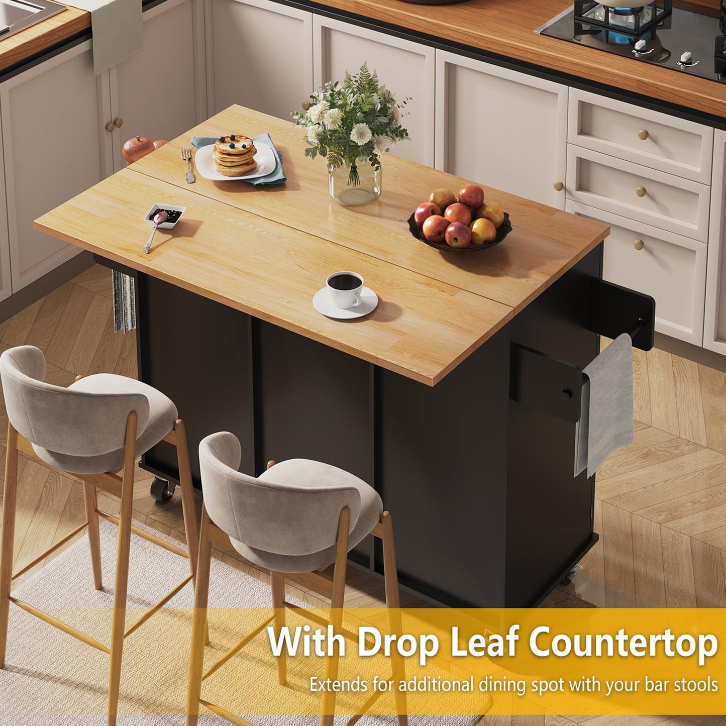 knoworld 51.5'' Rolling Kitchen Island with Storage Cabinet & Drawers, Drop Leaf Kitchen Cart on Wheels, Farmhouse Portable Mobile Islands, Large Butcher Block Table with Tower/Spice Rack, Black
