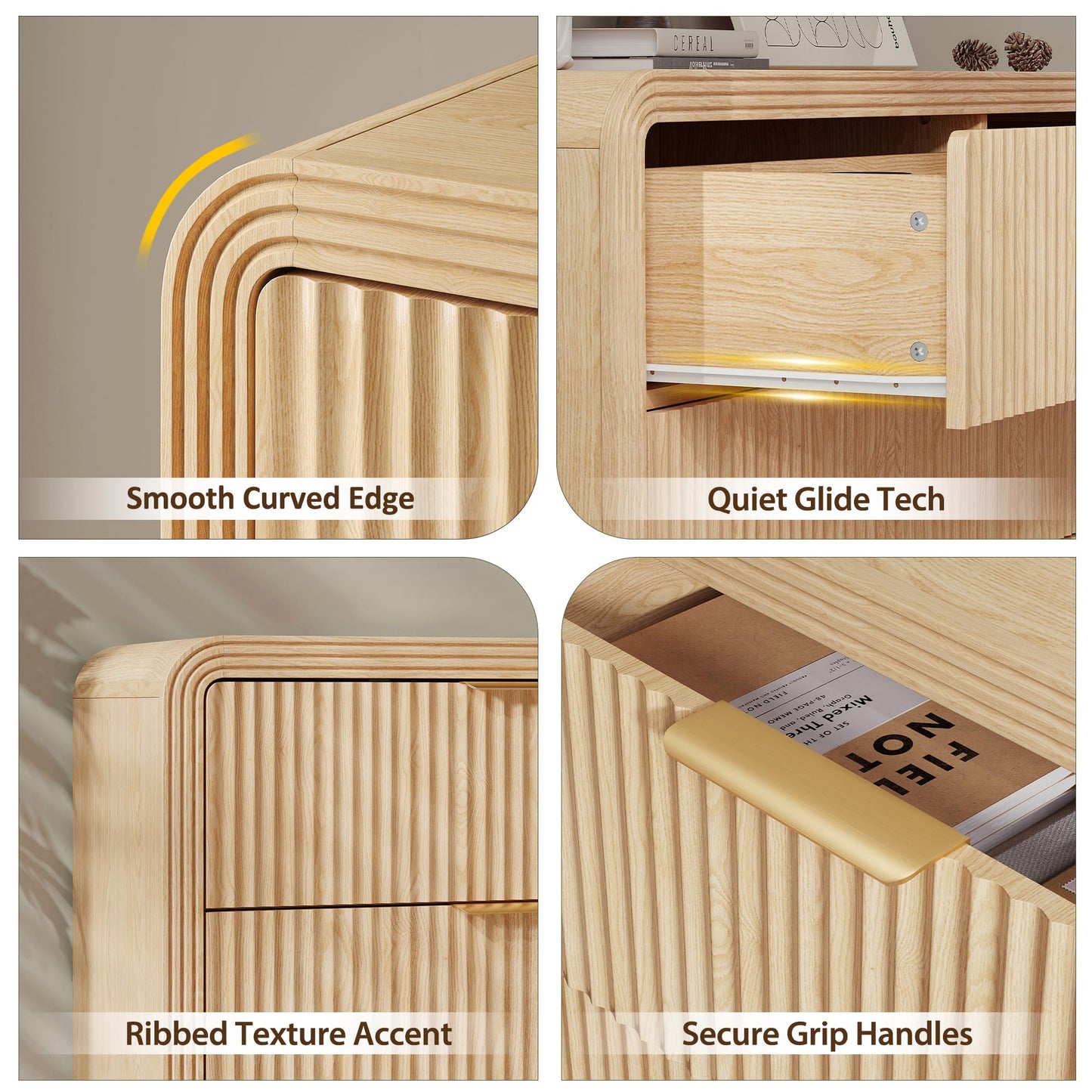Decofy Fluted Drawers Dresser for Bedroom, Wood Dressers with Gold Handles, Modern Dressers with Wave Texture, Large Storage Chest of Drawers, Bedroom Dresser Organizer 47'' & 6 Drawers (Natural Oak)