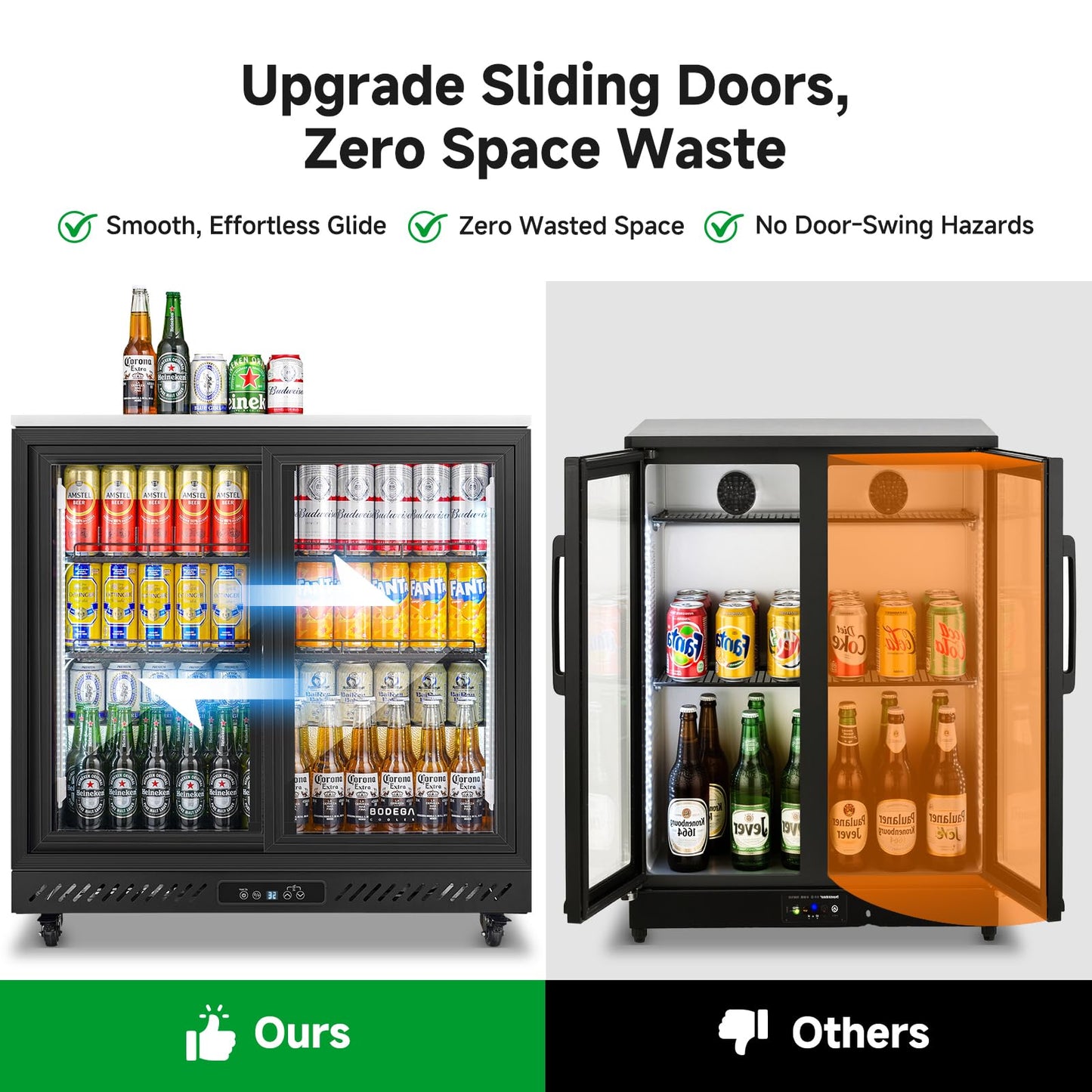 BODEGA BODEGACOOLER Back Bar Cooler,7.7 Cu.ft Commercial Beverage Refrigerator with 2 Sliding Glass Doors,Beverage Fridge with 4 Caster Perfect for Beer,Stainless Steel Top, Wine,Soda,DOE Approved