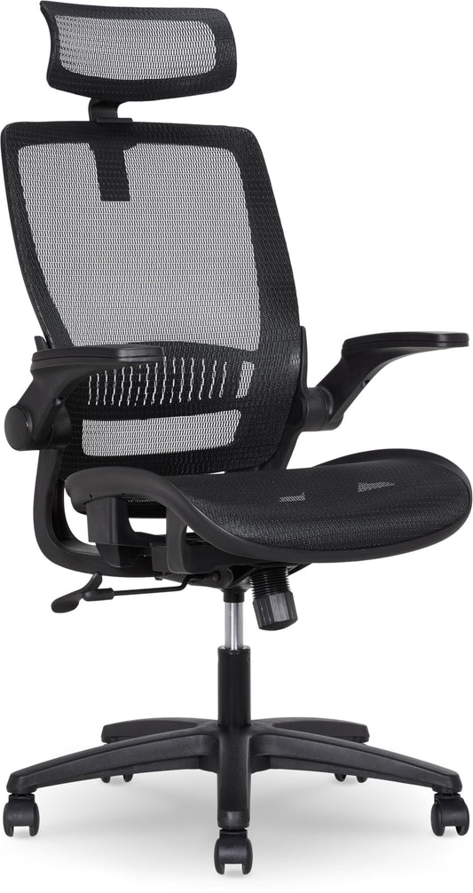 Amazon Basics Ergonomic High-Back Office Chair, Breathable Mesh, 360° Swivel, Easy to Assemble, Comfortable Flip-Up Armrests, 25.5"D x 26.25"W x 49.25"H, Black