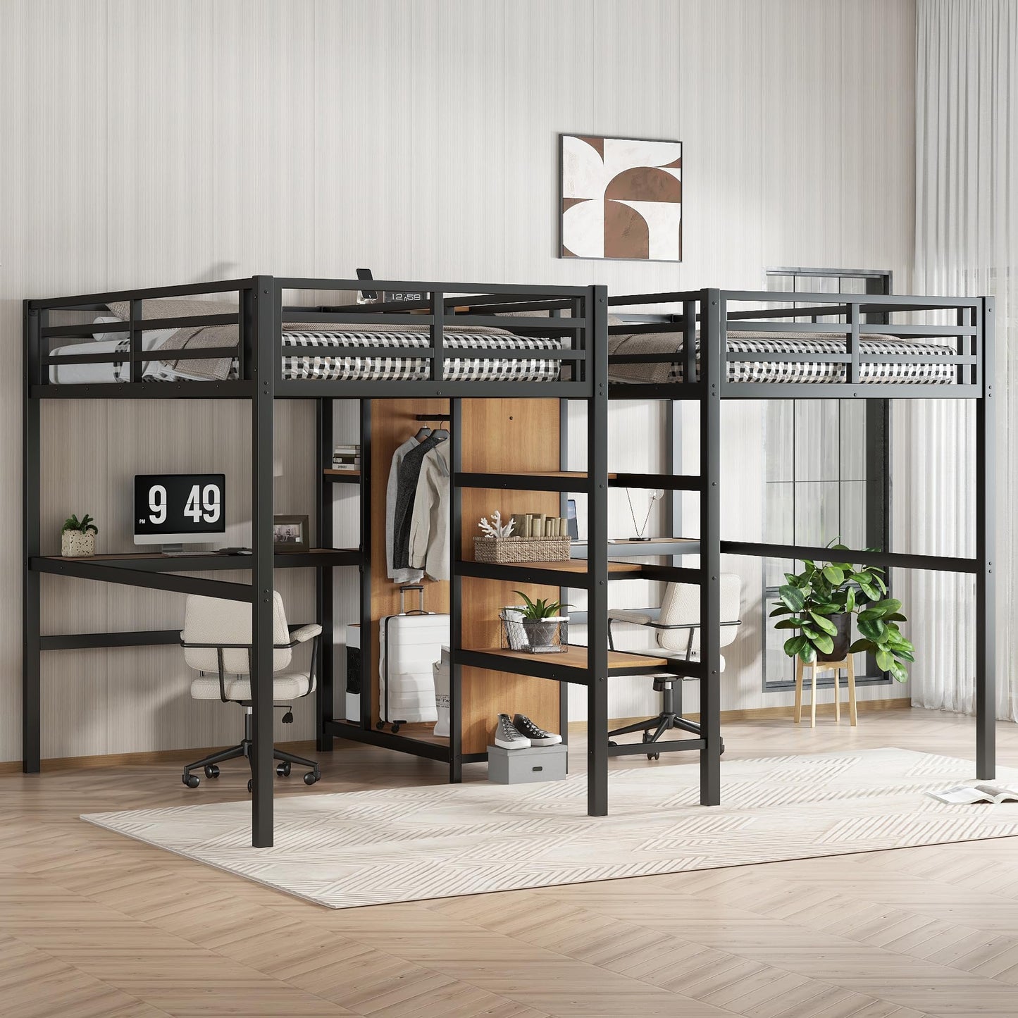 Bellemave Twin Over Twin Metal Loft Bed with Desk and Wardrobe for 2 Kids,Twin Size Heavy Duty Double Loft Bed Frame with Charging Station and Shelves for Boys,Girls,Adults,Woodgrain