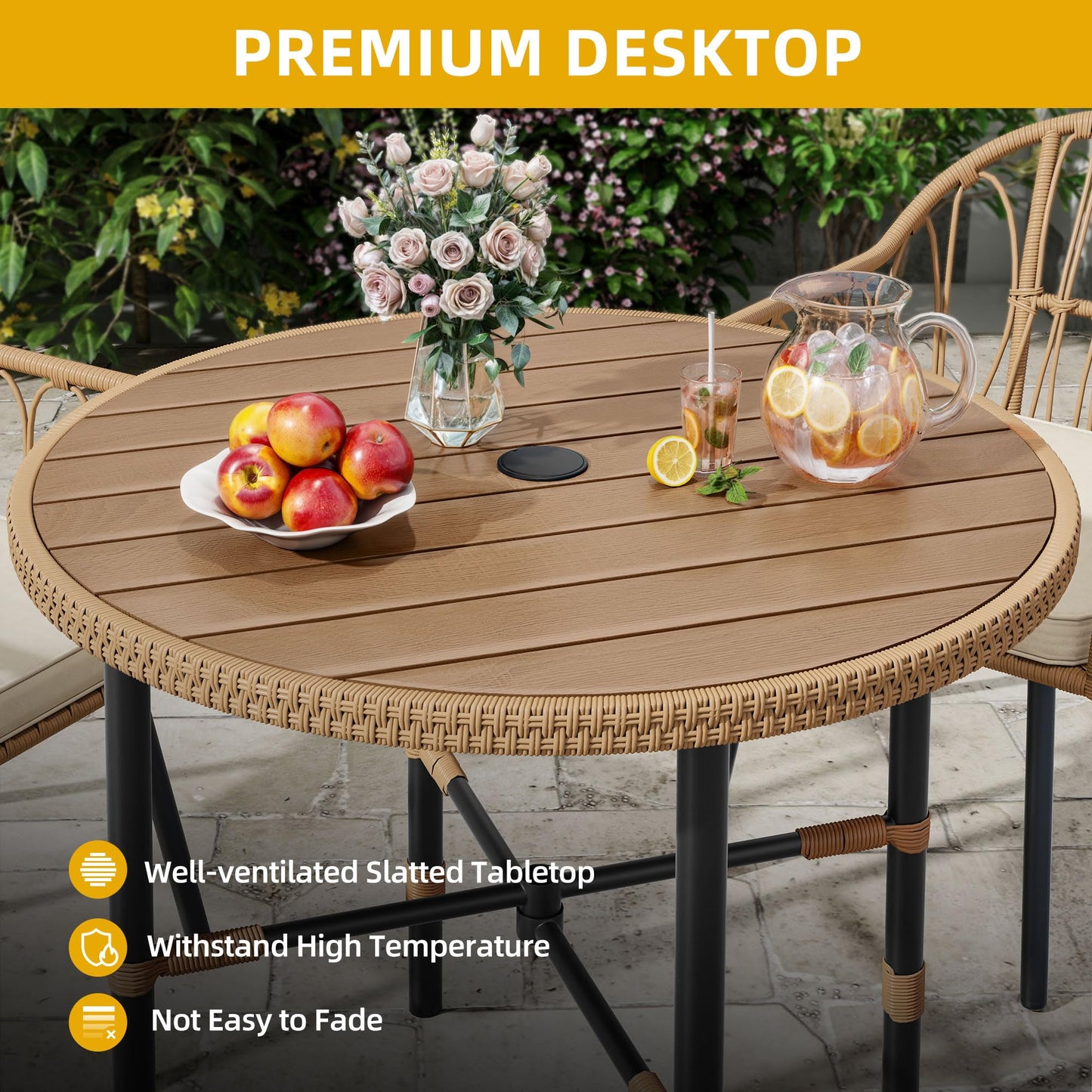 DWVO 5 Piece Patio Dining Sets, Outdoor Dining Furniture Set with 2" Umbrella Hole, Wicker Rattan Round Table and Chairs Set with Comfortable Cushions for Patio, Balcony, Backyard, Beige