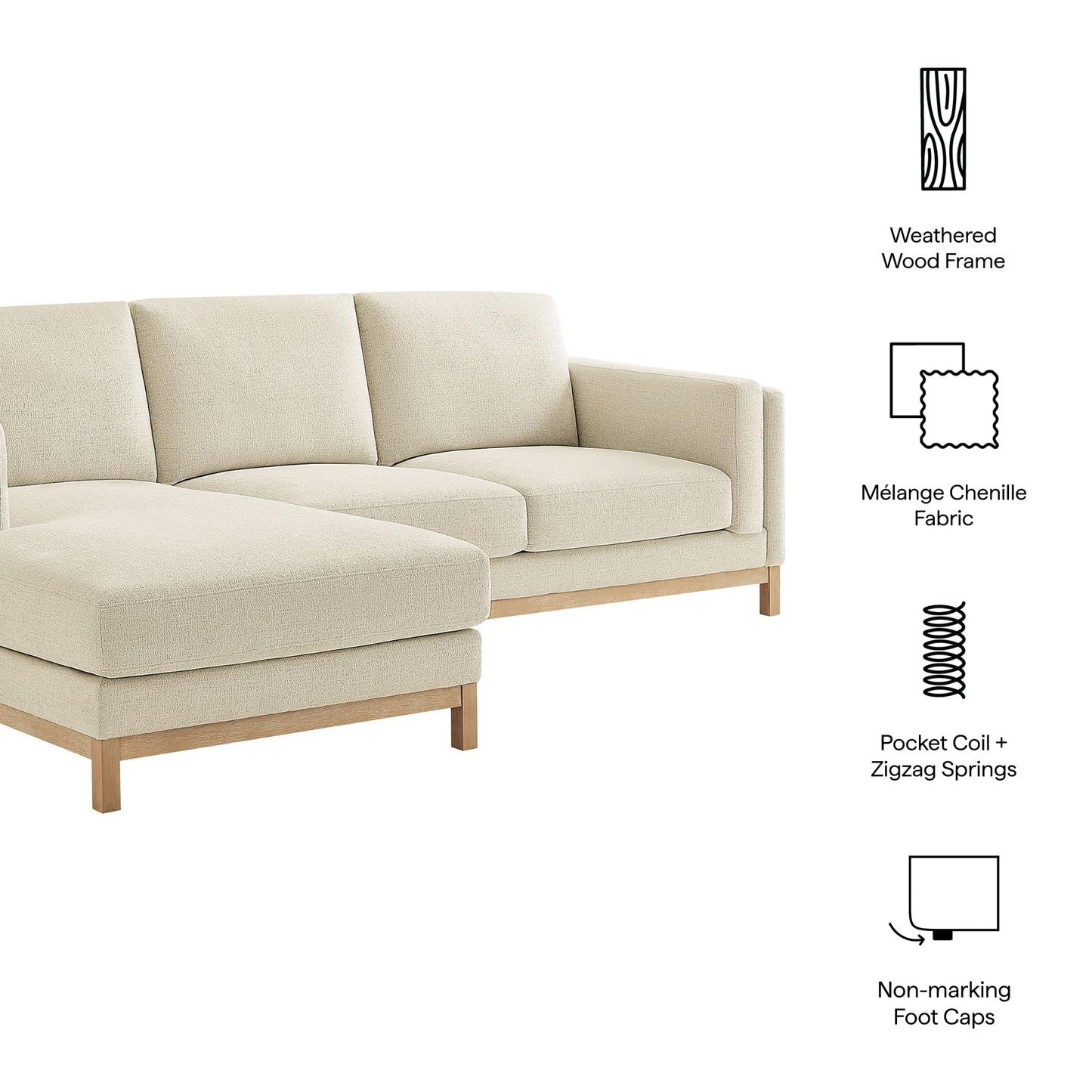 Modway Roscoe Left-Facing Sectional Sofa with Chaise in Ivory - 2-Piece Mélange Chenille Fabric Deep Seat Couch, L Shaped Modular for Living Room or Lounge
