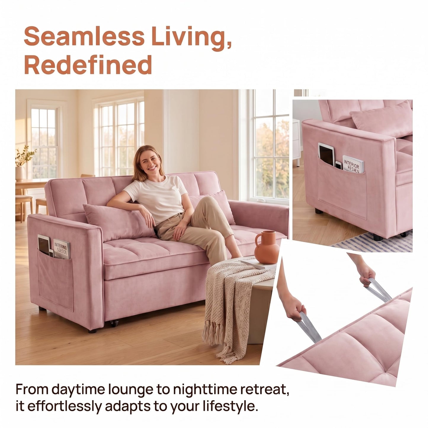 NicBex Sleeper Sofa Bed, Pull Out Couch Bed with Adjustable Backrest, Velvet Fabric Sleeper Sofa with Side Pocket, Convertible Loveseat Sleeper Sofa for Small Space, Living Room, Bedroom, Pink