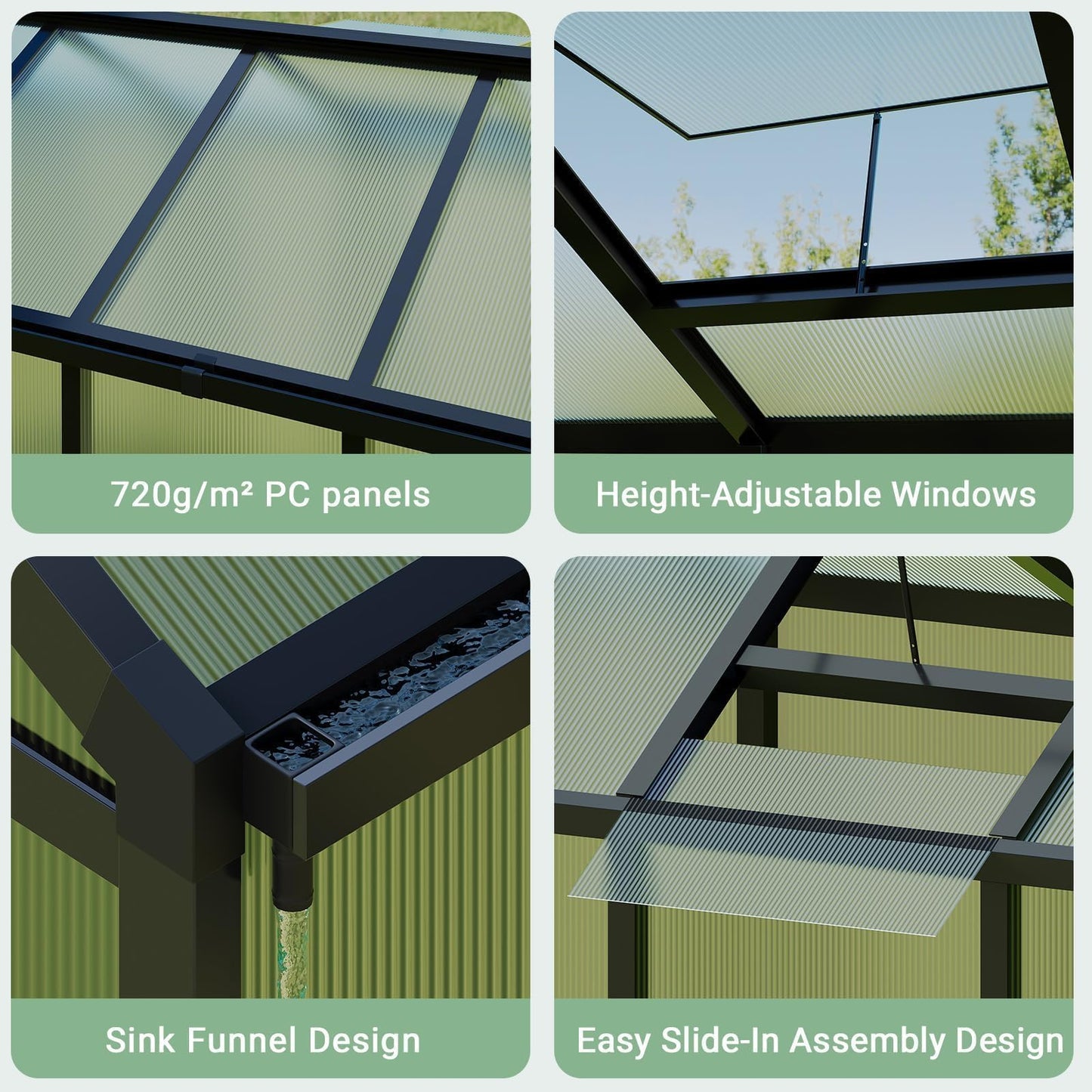 6x8 FT Greenhouse, Easy Assembly Aluminum Polycarbonate Greenhouses for Outdoors with Roof Vent, Large Aluminum Walk-in Greenhouse for Sunroom Patio, Backyard, Garden, Sliding Lockable Door, Black