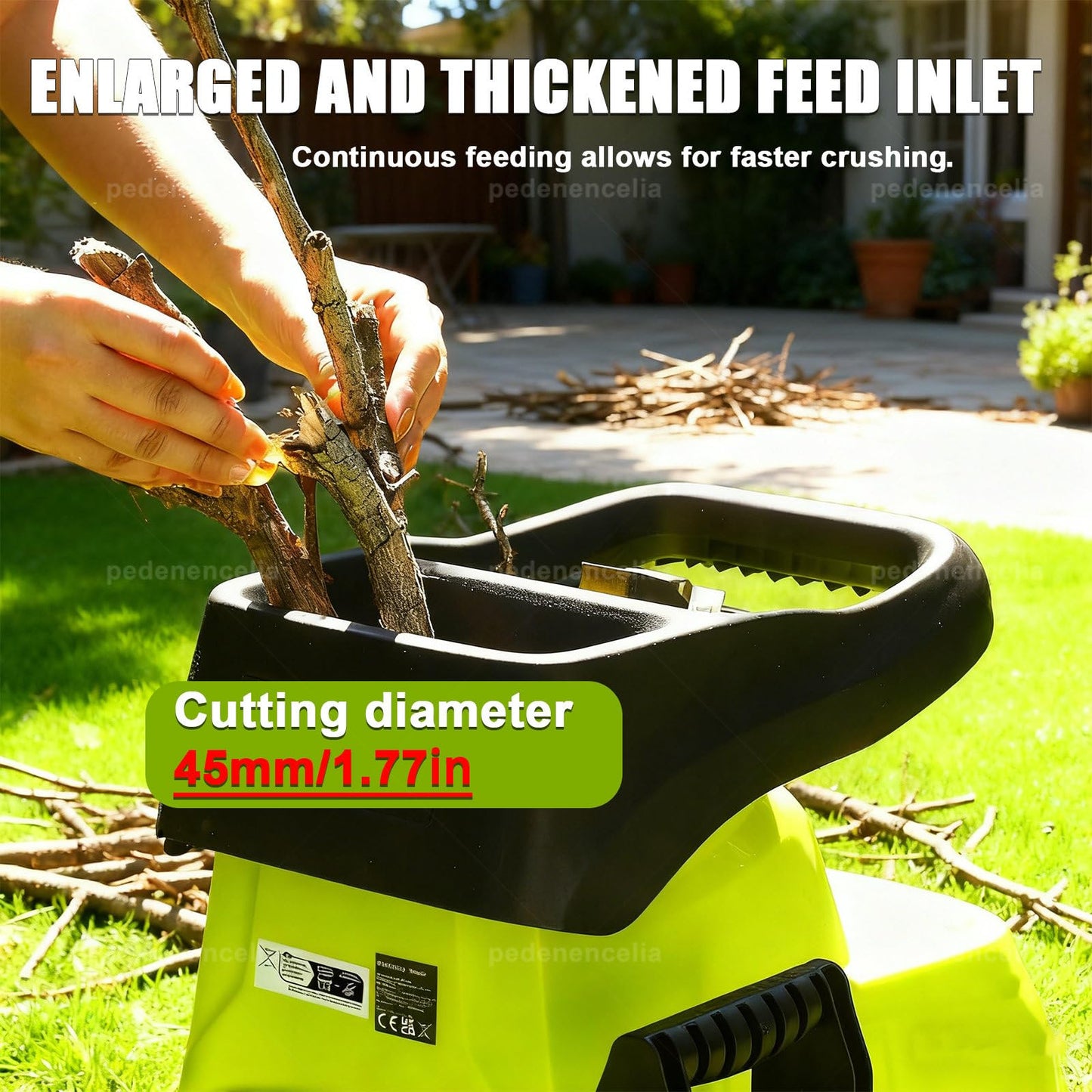 pedenencelia Garden Shredder Electric 2800w, with 60l Detachable Collection Box, 5000rpm Mulcher for 45mm/1.77" Branches, Wood Chipper with New Hobbing Cutter Head, for Garden Debris and Branches
