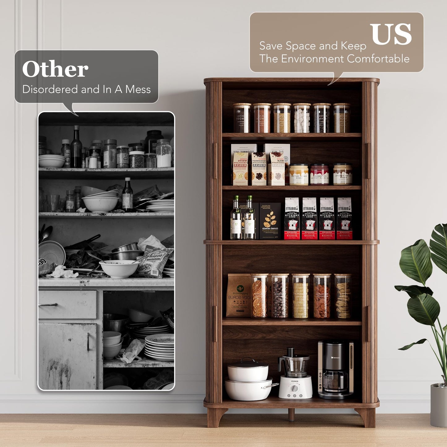 Decofy 69" Tall Kitchen Pantry Storage Cabinet with Sliding Door, Modern Curved Edge Pantry Storage Cabinet with 5 Shelves, Cupboard for the Kitchen, Dining Room, Bedroom, Living Room, Office (Walnut)
