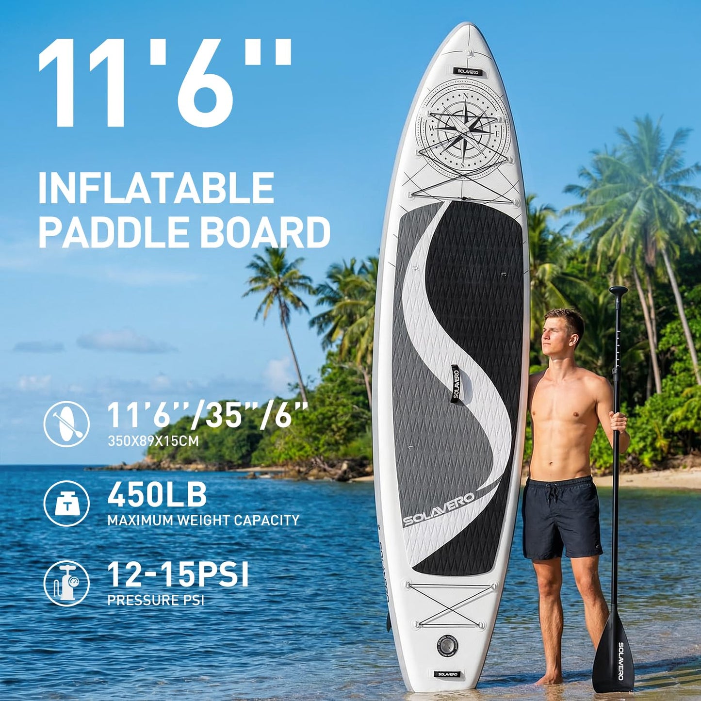 SOLAVERO Inflatable Stand Up Paddle Board with Premium SUP Accessories, Extra Wide Stable SUP Board for All Skill Levels, 11'6" Paddleboard with Non-Slip EVA Deck for Adults & Youth