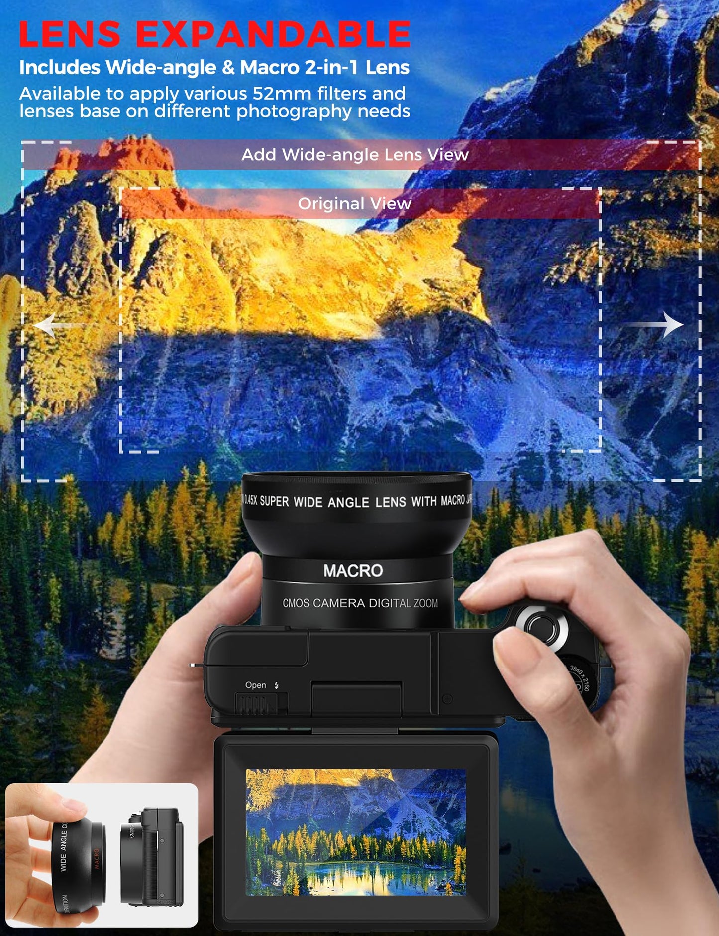 4K Digital Camera with Creator Accessory Kit 48MP Remote Control Vlogging Camera for Vloggers Autofocus Flip Screen Photography Cameras with Tripod Grip, Wide-angle & Macro lens, Mic, Batteries