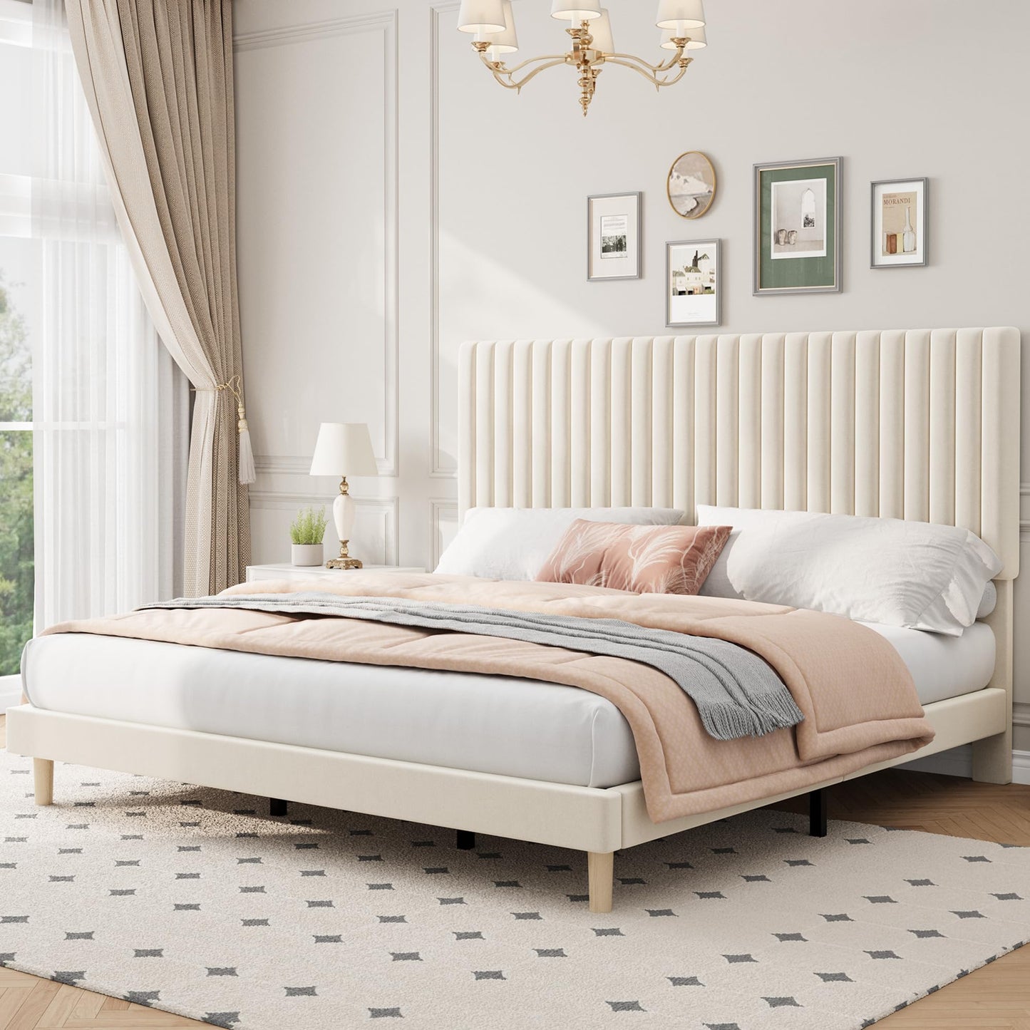 IDEALHOUSE King Bed Frame with Adjustable Headboard, Velvet Upholstered Platform King Size Bed Frame, Vertical Channel Tufted, Strong Wooden Slats, No Box Spring Needed, Easy Assembly, Beige