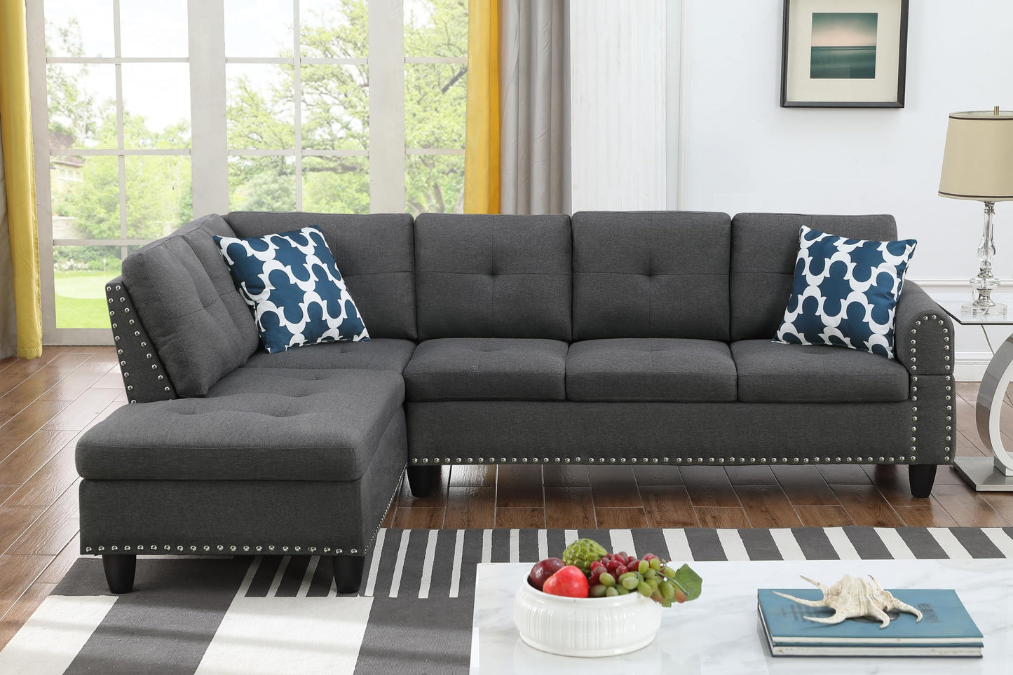 Ball & Cast 98" L Shaped Sectional Couch with Chaise, Linen Upholstered Modular Sectional Sofa with Pillows and Cup Holders,5 Seater Comfy Sofa,Nailhead trim Design,for Living Room,Apartment,Dark Gray