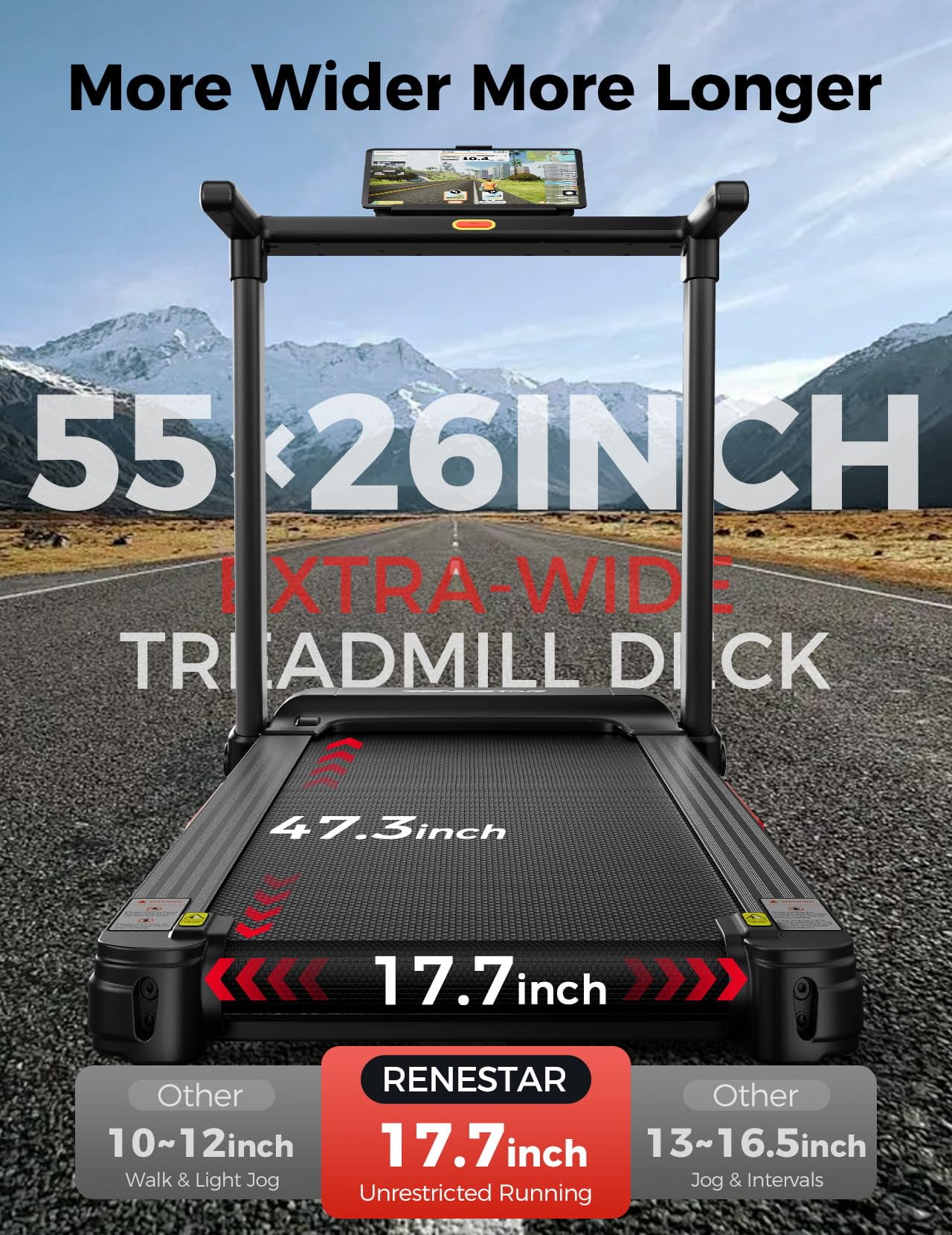 Renestar Treadmill for Home with 25% Auto Incline - 8.5MPH Max Speed, Extra Large LED Touchscreen, 300LBS Capacity, 3.5HP Home Office Treadmills for Running Jogging Walking