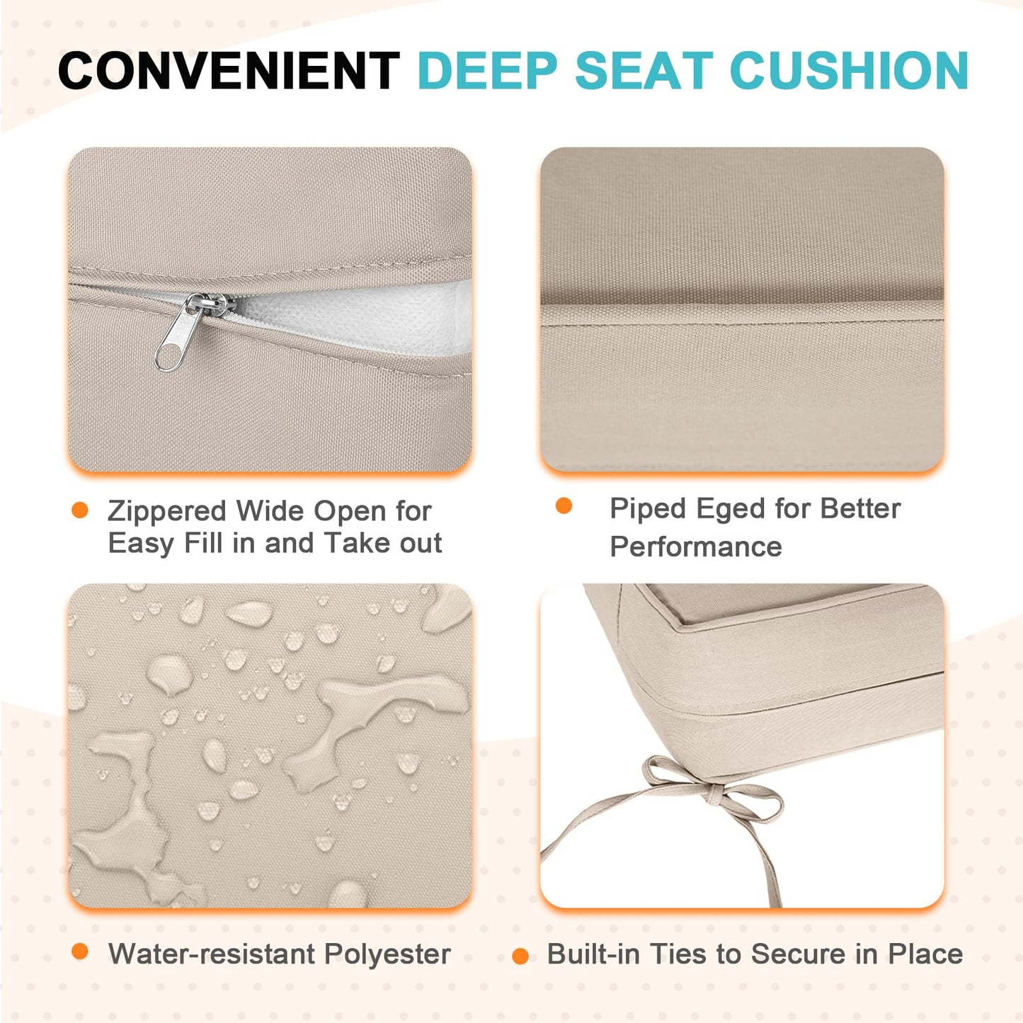 EAGLE PEAK Outdoor Deep Seat Patio Seat Cushion Set, 24 x 24 x 5 inch, 2-Piece Back Chair Cushion, 4 Pack, Beige