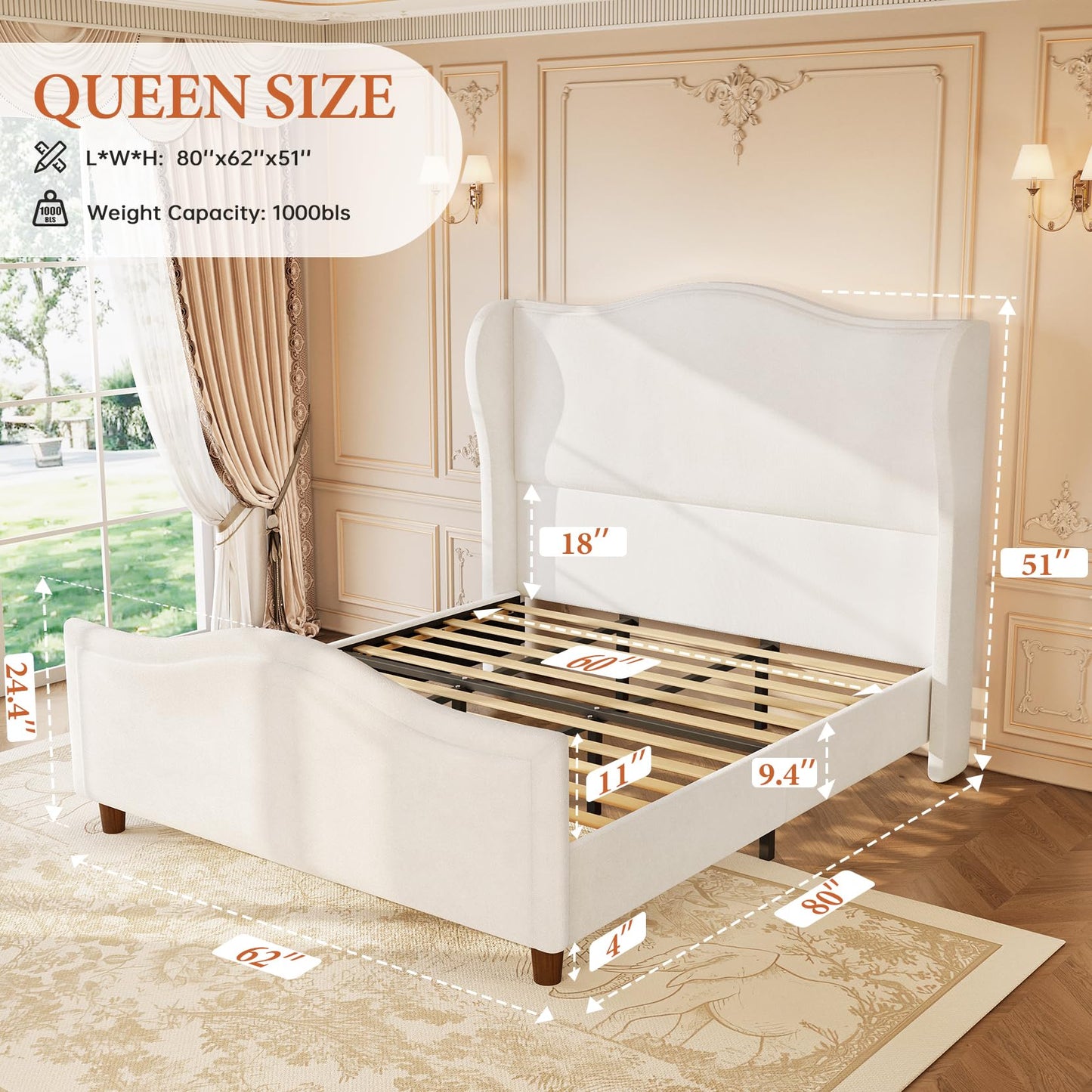 koorlian Queen Bed Frame Chenille Upholstered Platform Bed with Headboard and Footboard, 51" High Deep Tufted Wingback Sleigh Upholstered Bed, Modern Retro Minimalist Style, Easy Assembly, Cream