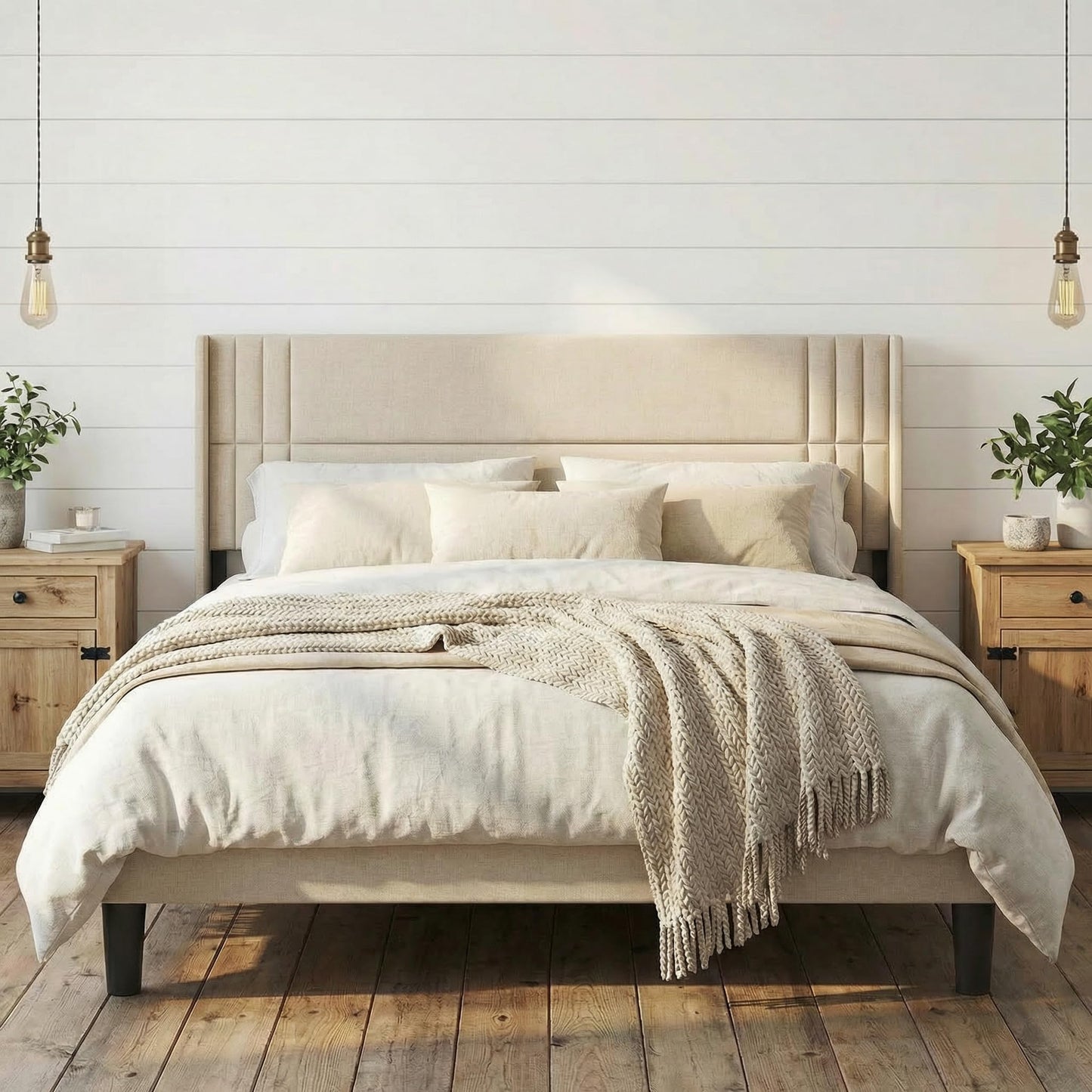 Gizoon King Bed Frame with Wingback Headboard, Upholstered Platform Bed with Modern Geometric Headboard, Wooden Slats, Noise-Free, No Box Spring Needed