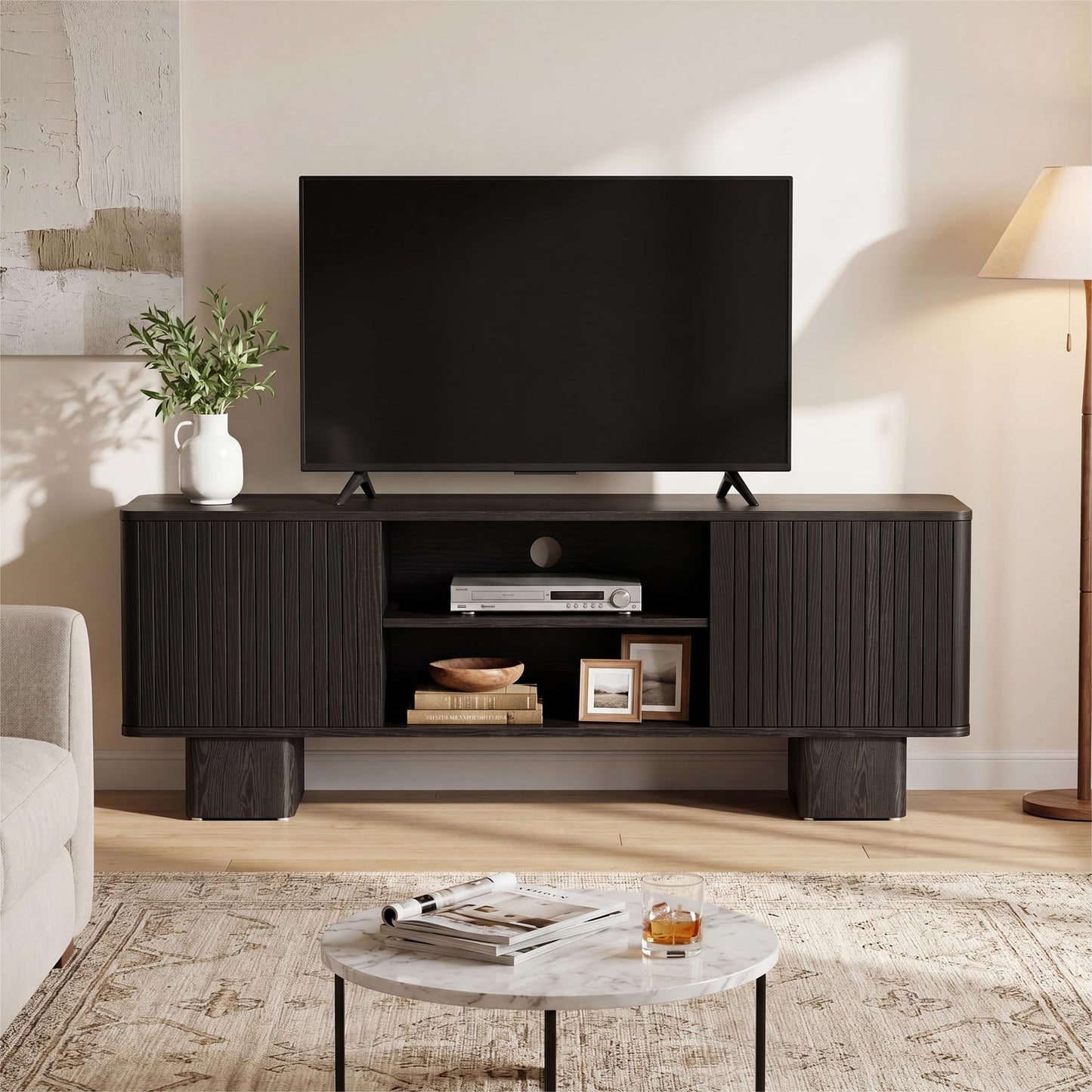 Tribesigns 63" Fluted TV Stand for TVs up to 70", TV Console with Hidden Storage, Adjustable Shelves and Fluted Door, Mid Century Modern Entertainment Center for Living Room, Bedroom, Black