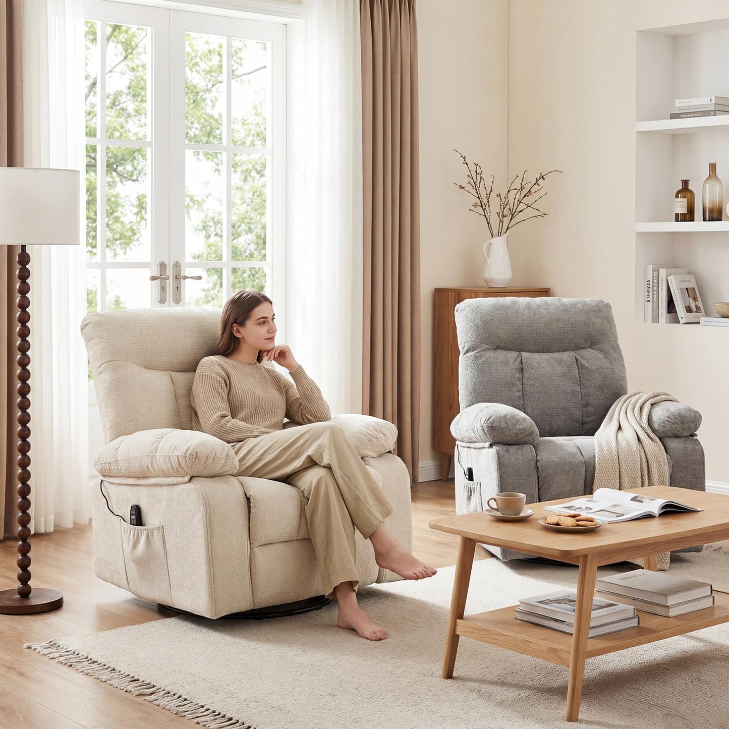 DUMOS Rocker Recliner Chair, Swivel Recliner with Vibration Massage & Lumbar Heating, 270° Rotating Chenille Fabric Recliner with footrest for Living Room & Bedroom, Grey