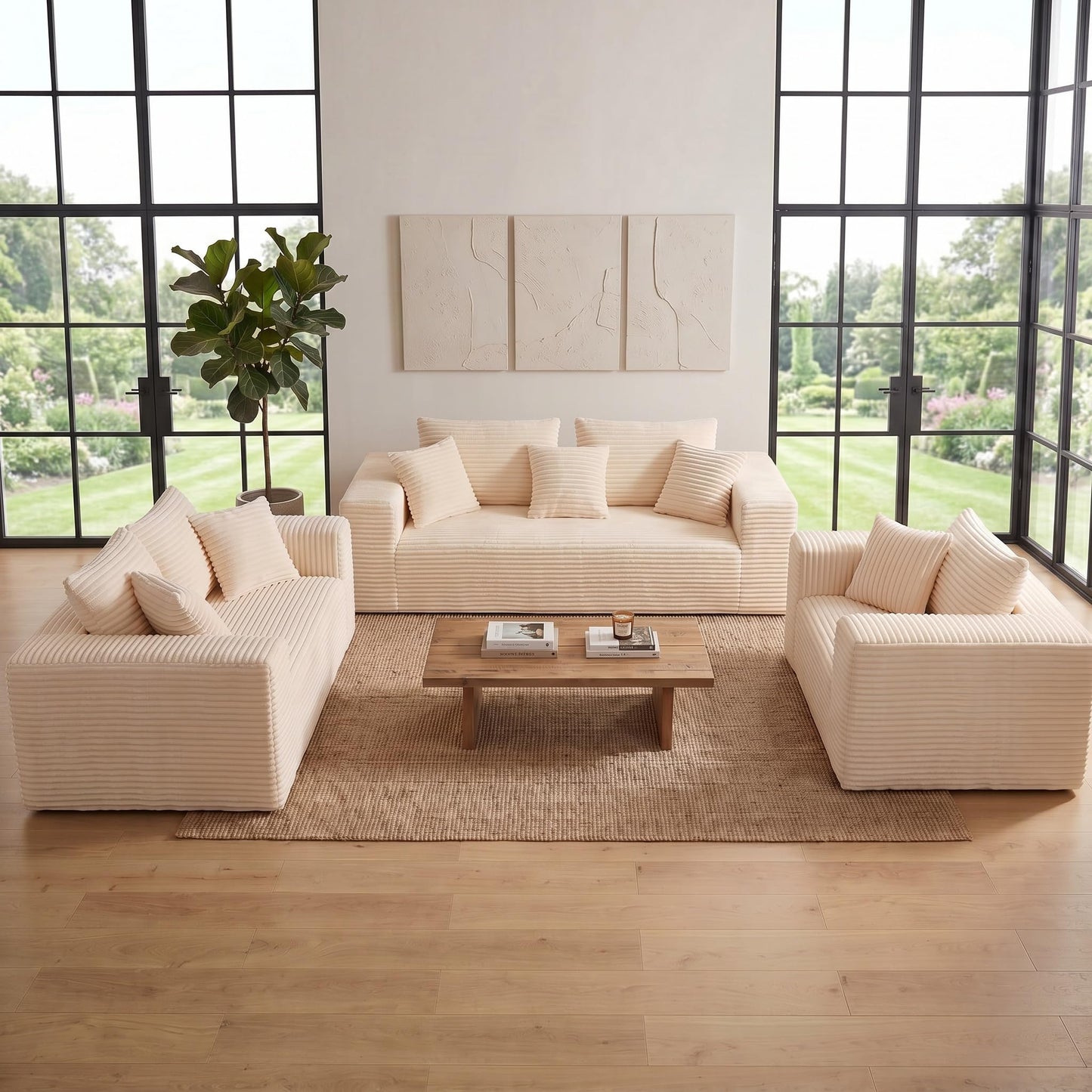 Trygoal 3-Pieces Sectional Boneless Couch Set for Living Room, Oversized Couch Including 3-Seater & 2-Seater & Single Chair, Deep Seat Sofa Set with Armrests & Pillows,No Assembly Required, Beige
