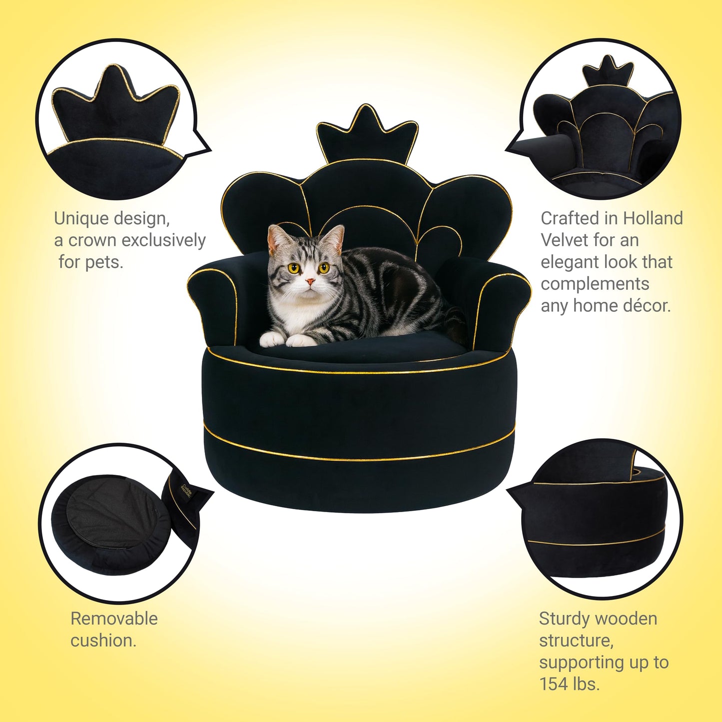 Cuddle Republic Premium Pet Sofa – Holland Velvet Dog and cat Throne Chair, Black & Gold Design, Cozy & Soft, Scratch-Resistant & Durable, Perfect for Home Décor & Pet Lovers