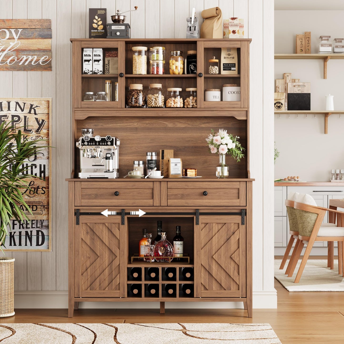 Garvee 72" Farmhosue Bar Cabinet with Sliding Barn Door, Large Kitchen Buffet with Hutch Wine with Charging Station, 2 Drawers, 8 Storage Shelves, LED Rustic Coffee Bar for Dining