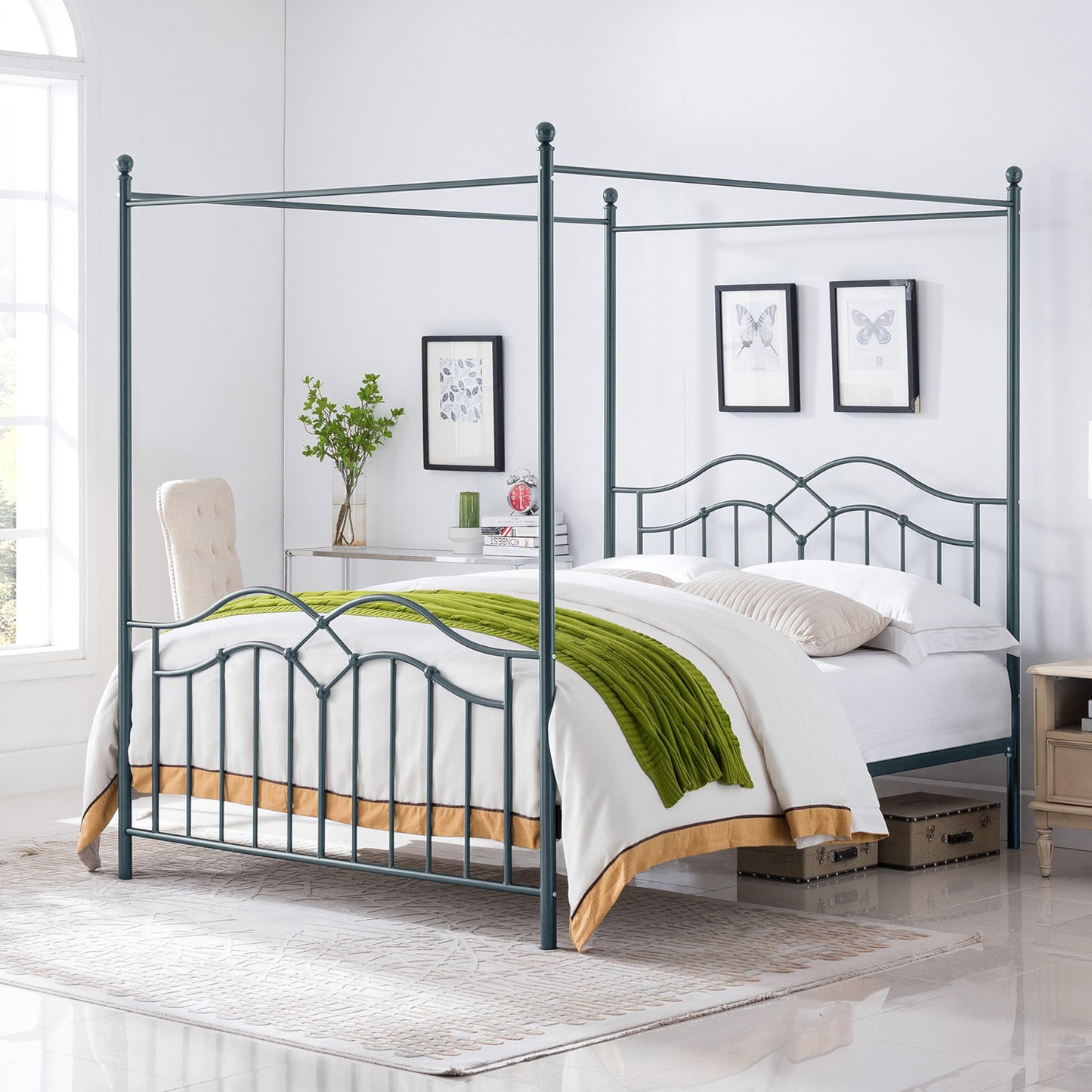Merax Queen Size Canopy Bed Frame, Metal Four-Poster Platform Bed Frame, Under-Bed Storage Space, No Box Spring Needed Easy Assembly Blue