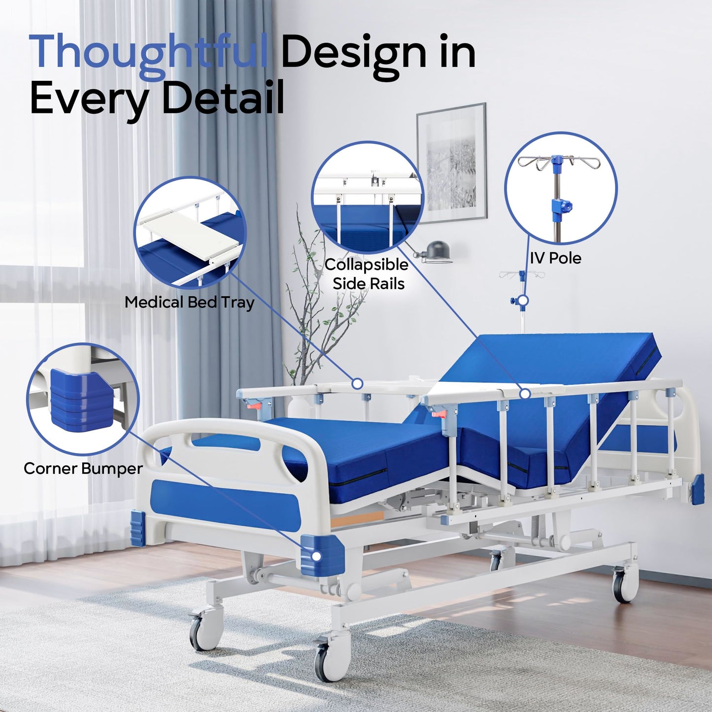Fuzren Premium Full Electric Hospital Bed for Home Use, 3 Function Medical Bed with 4.7” Foam Mattress, Height Adjustable, Individual Locking, Includes Tray and Sheets (2X) (3 Function)
