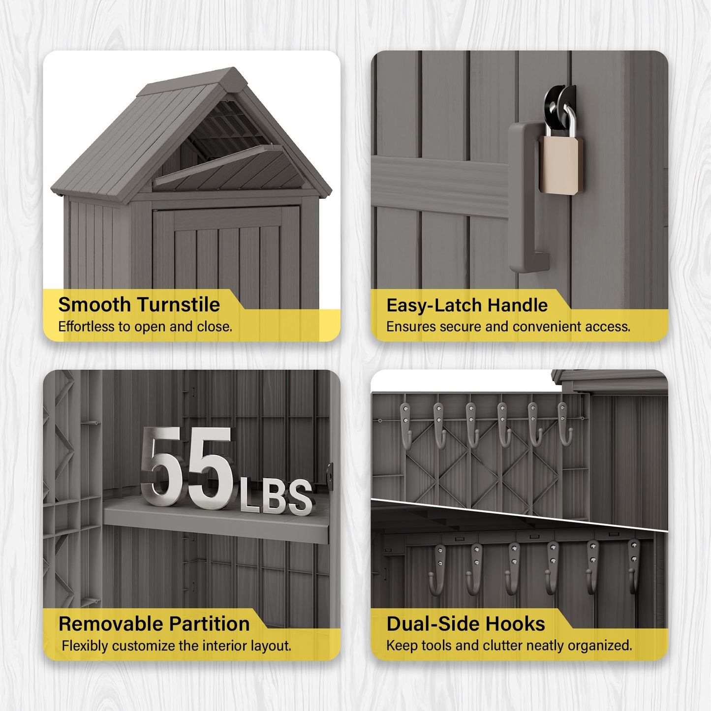 Bifanuo Deck Box Storage Shed Outdoor Storage Cabinet, Vertical Waterproof Resin Material Plastic Shed with Removable Shelves, 12 Hooks and Lock Ring for Garden, Pool and Patio (Classic Grey)