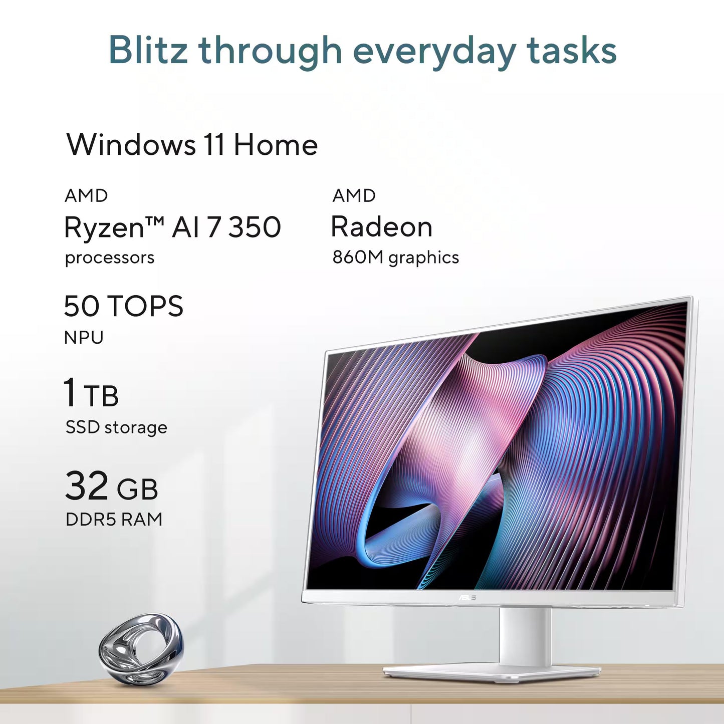 ASUS 27" FHD Touchscreen All-in-One PC, AMD Ryzen AI 7 350 (Up to 5.0GHz), AMD Radeon 860M, 32GB 5600MHz DDR5, 1TB SSD, FHD IPS LCD Anti-Glare Display, Wi-Fi 6, Copilot Key. KB & Mouse, Windows 11 Pro