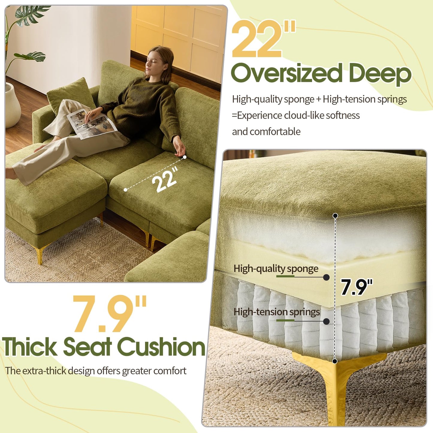VINGLI 100" W U Shaped Couch with Ottoman, 22" Deep Seat Comfortable Sectional Couches for Living Room, 3 Seater Chenille Fabric Cloud Sofa for Apartment, Small Spaces, Bedroom, Green