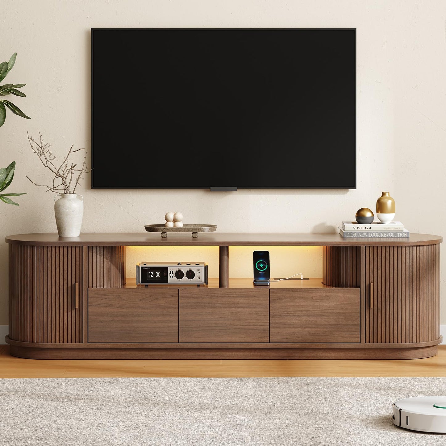 ONBRILL 71" TV Stand with Power Outlet and Led Lights for TVs up to 85", Entertainment Center with 3 Drawers and 1 Open Shelf, Mid-Century Modern TV Console with Sliding Door for Living Room, Walnut