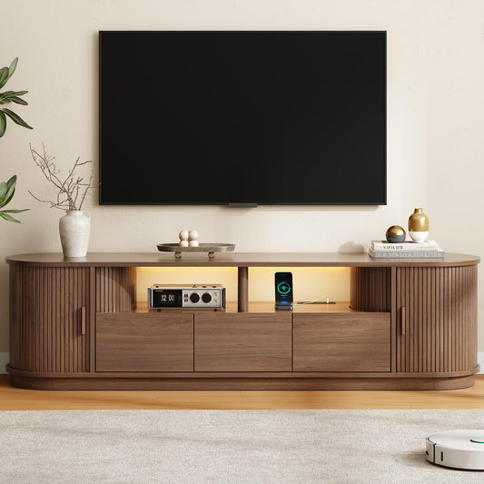 ONBRILL 71" TV Stand with Power Outlet and Led Lights for TVs up to 85", Entertainment Center with 3 Drawers and 1 Open Shelf, Mid-Century Modern TV Console with Sliding Door for Living Room, Walnut