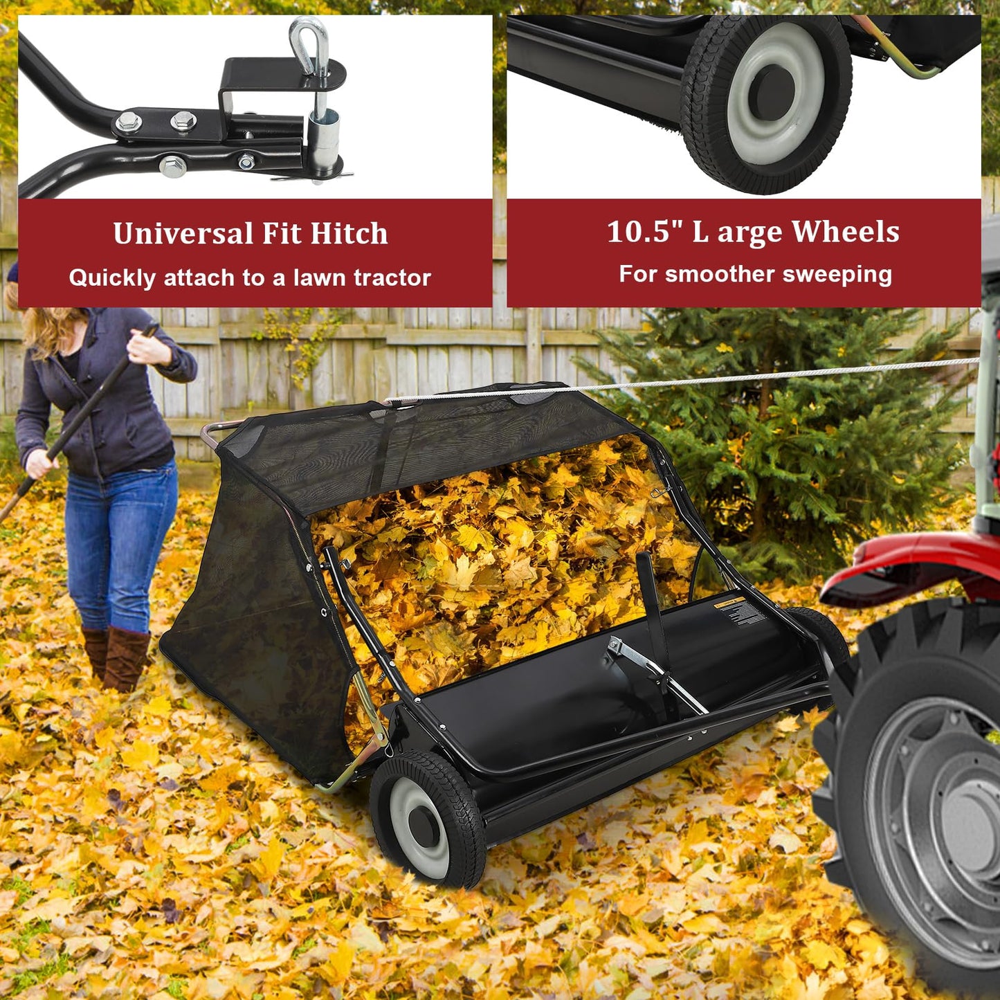 GarveeHome 42" Tow‑Behind Lawn Sweeper, Heavy‑Duty Leaf & Grass Collector for Lawn Tractor/ATV, 24 Cu.ft Yard Sweeper with Adjustable Height & Dumping Rope, Pull Behind Lawn Sweeper for Leaves