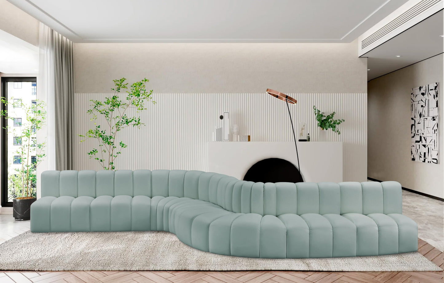 Meridian Furniture 101Mint-S8C Arc Collection Modern | Contemporary Modular Sofa with Soft Mint Green Vegan Leather, Deep Channel Tufting, Modular, 197" W x 84" D x 30" H, Mint