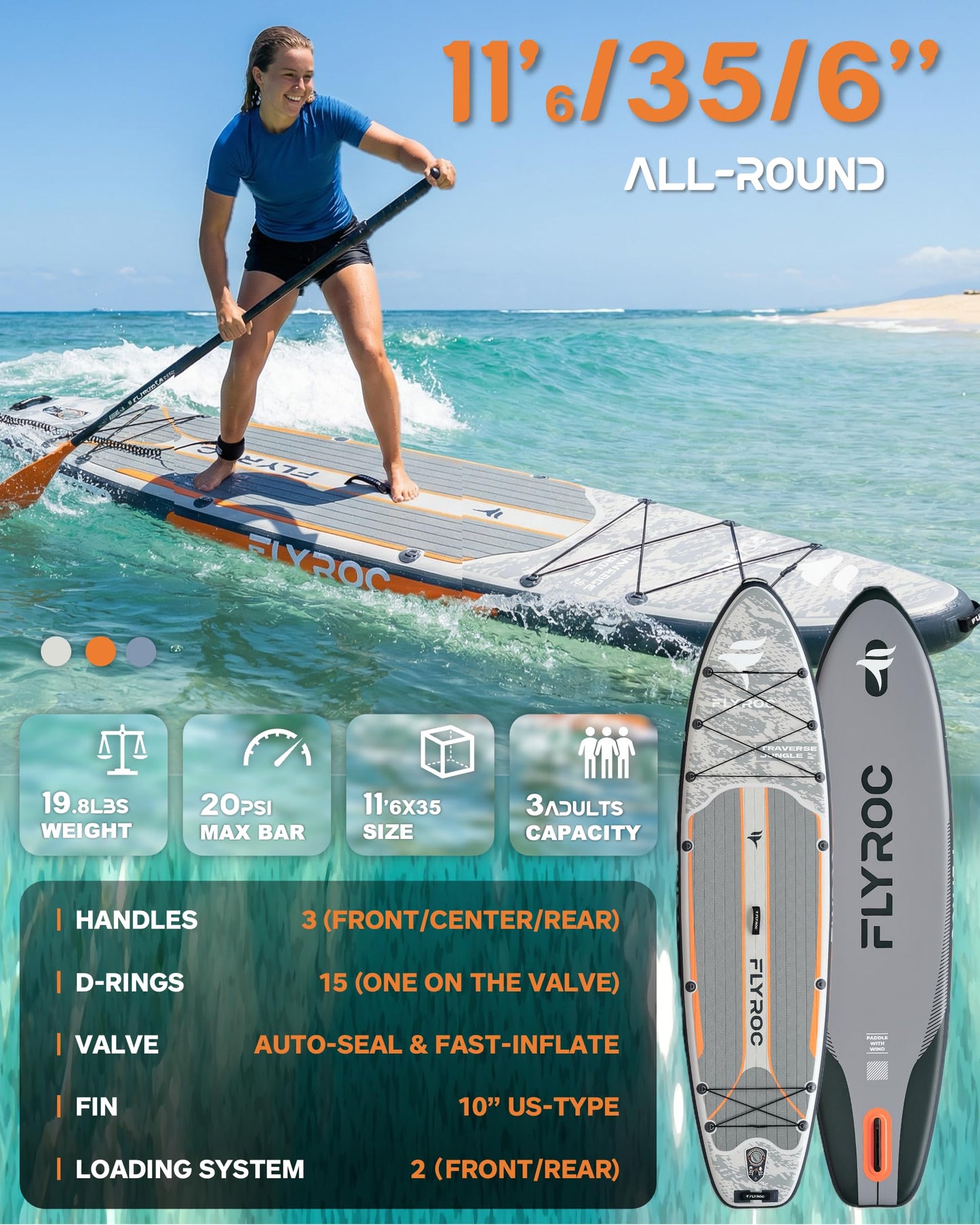 Flyroc 11'6"×35" Inflatable Stand Up Paddle Board, Extra Wide Inflatable Stand Up Paddle Board for Adults - 450LB Capacity Stable SUP Paddleboard for Fishing, Yoga & All Skill Levels, Gray