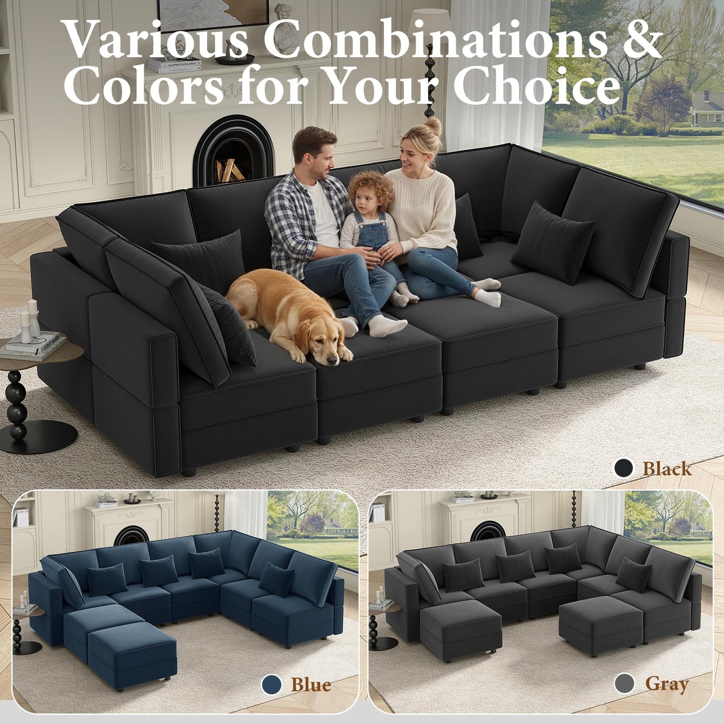 Vesgantti Sectional Sleeper Sofas with Storage, 118" Sofa Bed with 8 Seats Storage Chaises Removable Cover, Deep Seat Modular Couches Velvet Couch Set for Living Room, Apartment, Home Theater, Black