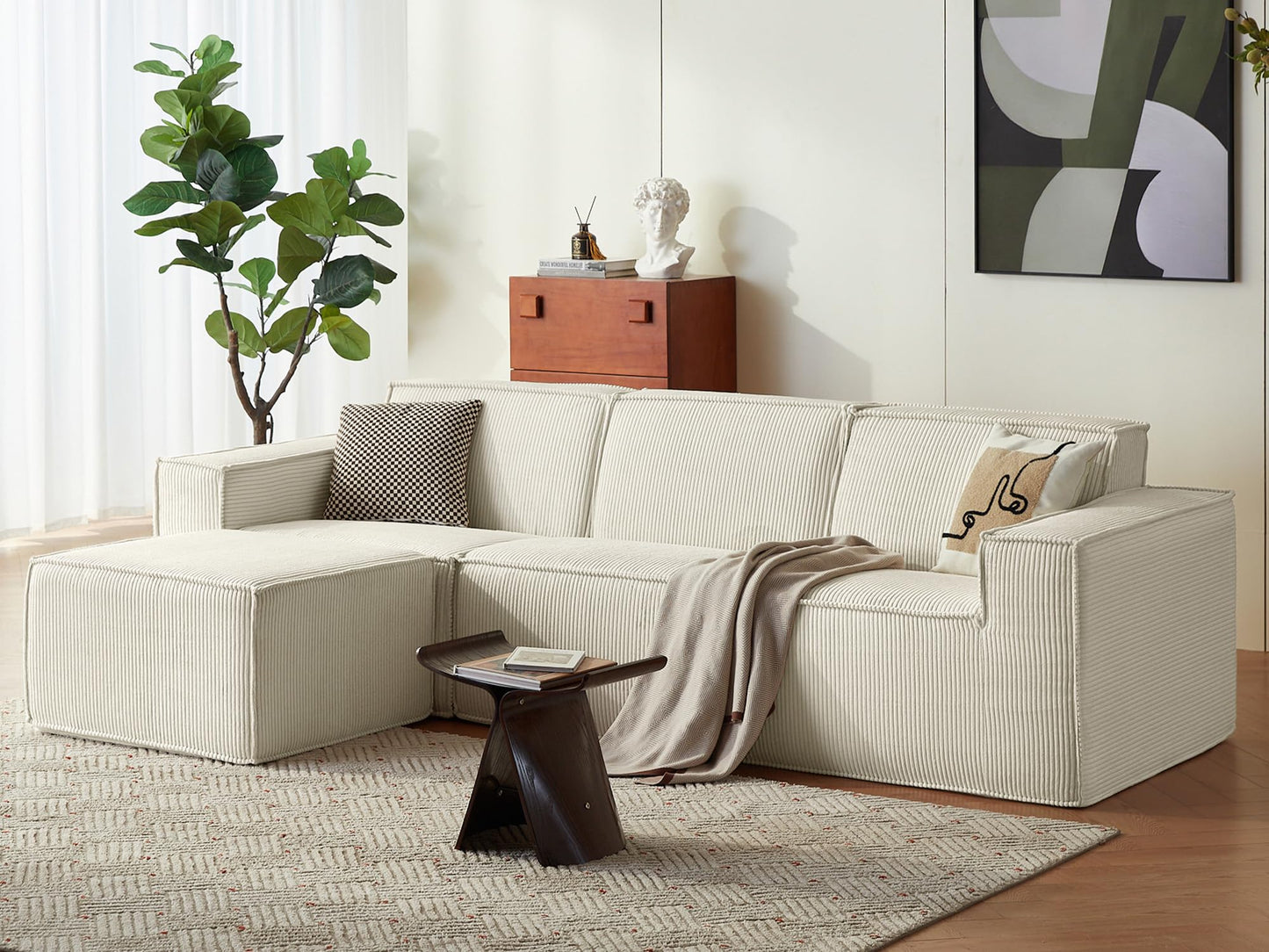 LINSY HOME Modular Sectional Sofa, 105" Boneless Couch L Shaped 3-Seat Sofa with Movable Ottoman, Corduroy Sectional Cloud Couches for Living Room, No Assembly Required, Beige