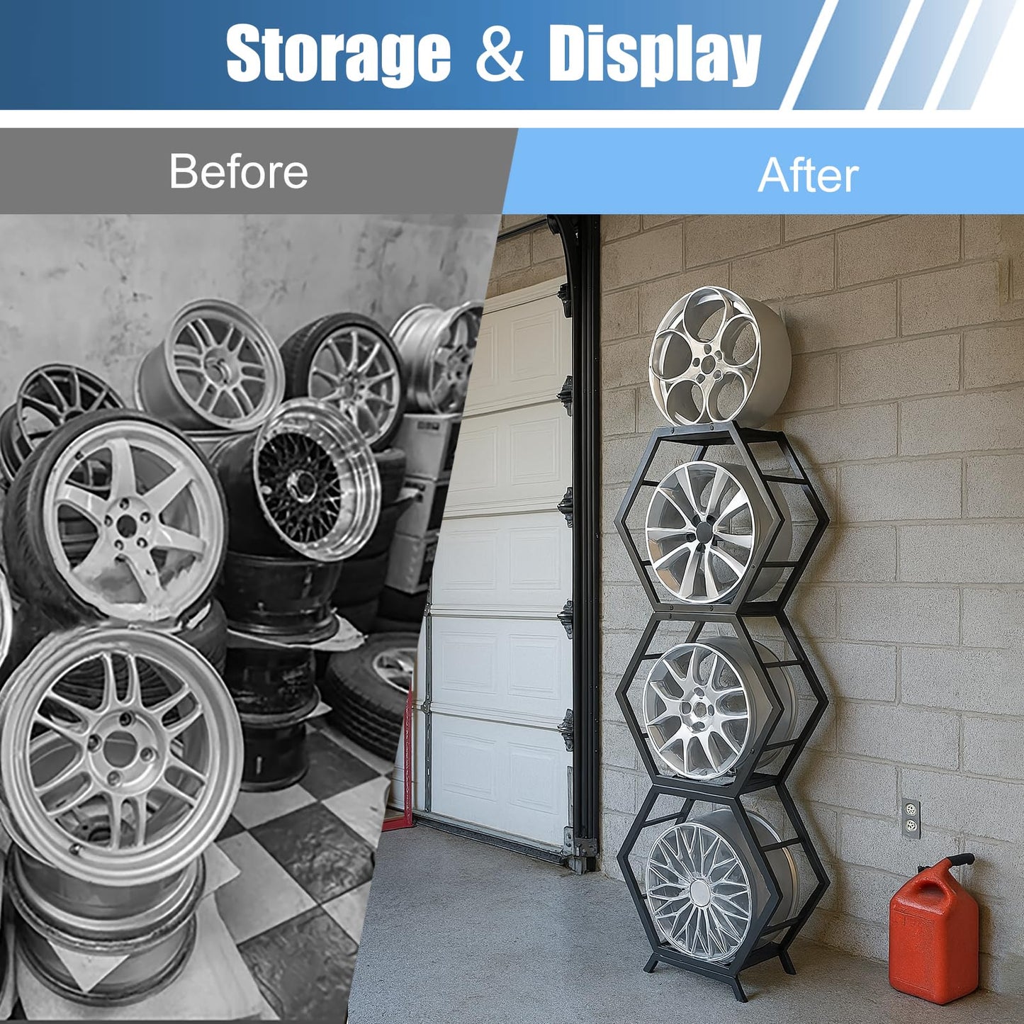 Renvan Garage Wheel Rim Rack - Heavy Duty Steel Display Rack Holds 4 Rims, Stackable Car Hub Organizer for Car Repair Shop, Tire Store (3 frames + 1 base)