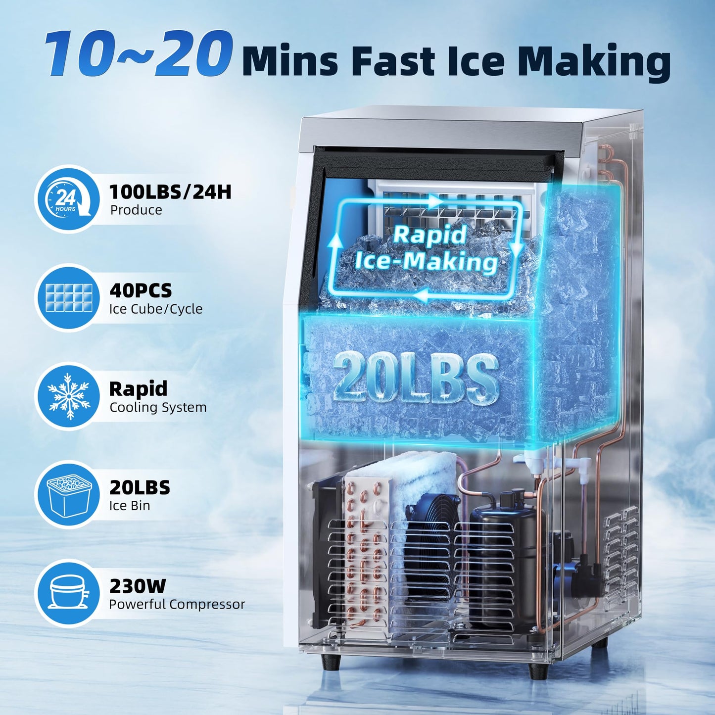 Ice Maker Machine, 100 lbs/24h with 20 lbs Storage, 40 Ice Cubes/15 Mins, ETL FCC, Freestanding Ice Maker with LED Display, 24H Timer, Smart Reminder, Self-Cleaning, for Home Bar Restaurant