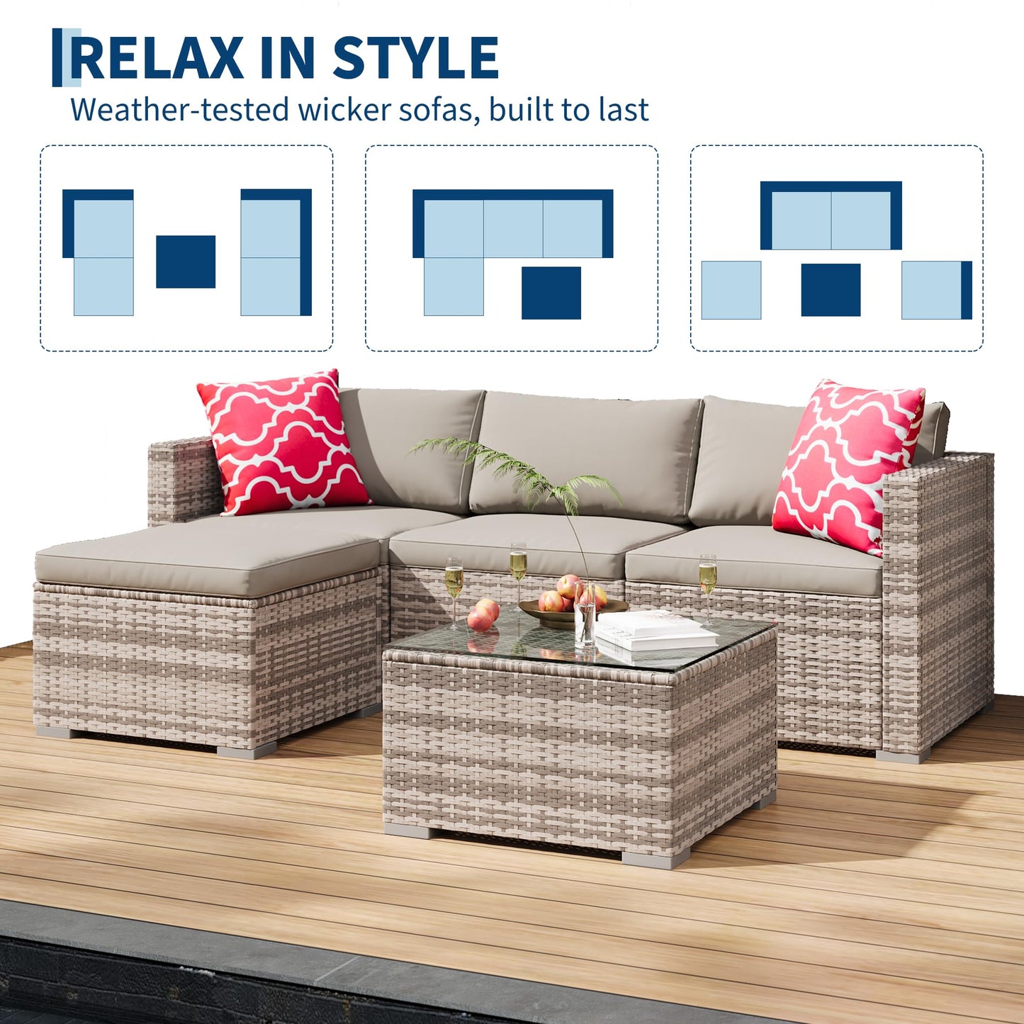 MilleLoom 5-Piece Outdoor Sectional Sofa Set, All-Weather PE Rattan Patio Furniture with Ottoman & Tempered Glass Table, Convertible Garden Couch for Backyard, Porch, Poolside (Gray)