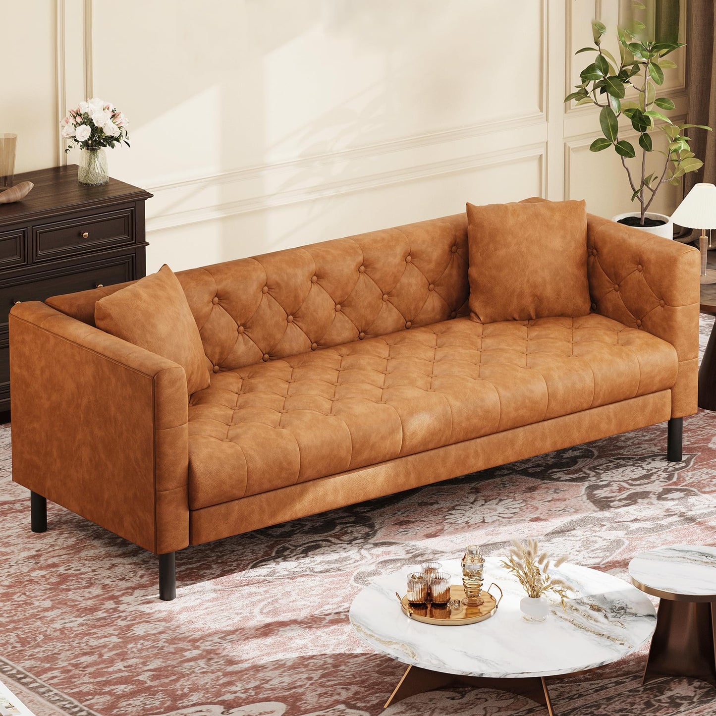 GarveeHome 81" Leather Couch for Living Room, Chesterfield Sofa with Deep Seat, Handmade Button Tufted 3 Seater Sofa, Modern Leather Sofa for Apartment, or Office, Cognac Tan